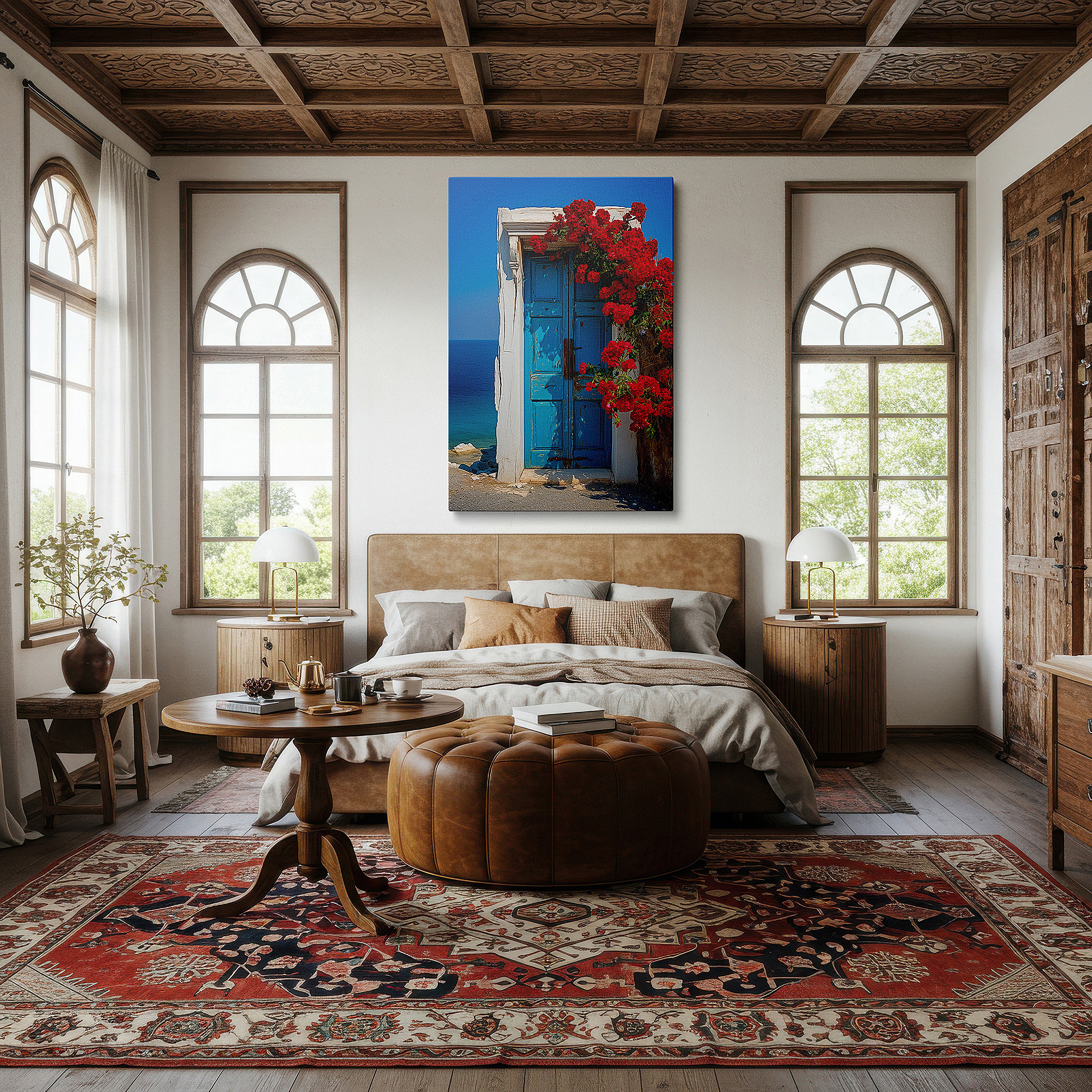 Aligned with a curated gallery wall of abstract artworks — wall art: serene coastal landscape featuring a bright blue door and red flowers - large canvas wall art for office, bedroom, and living room decor
