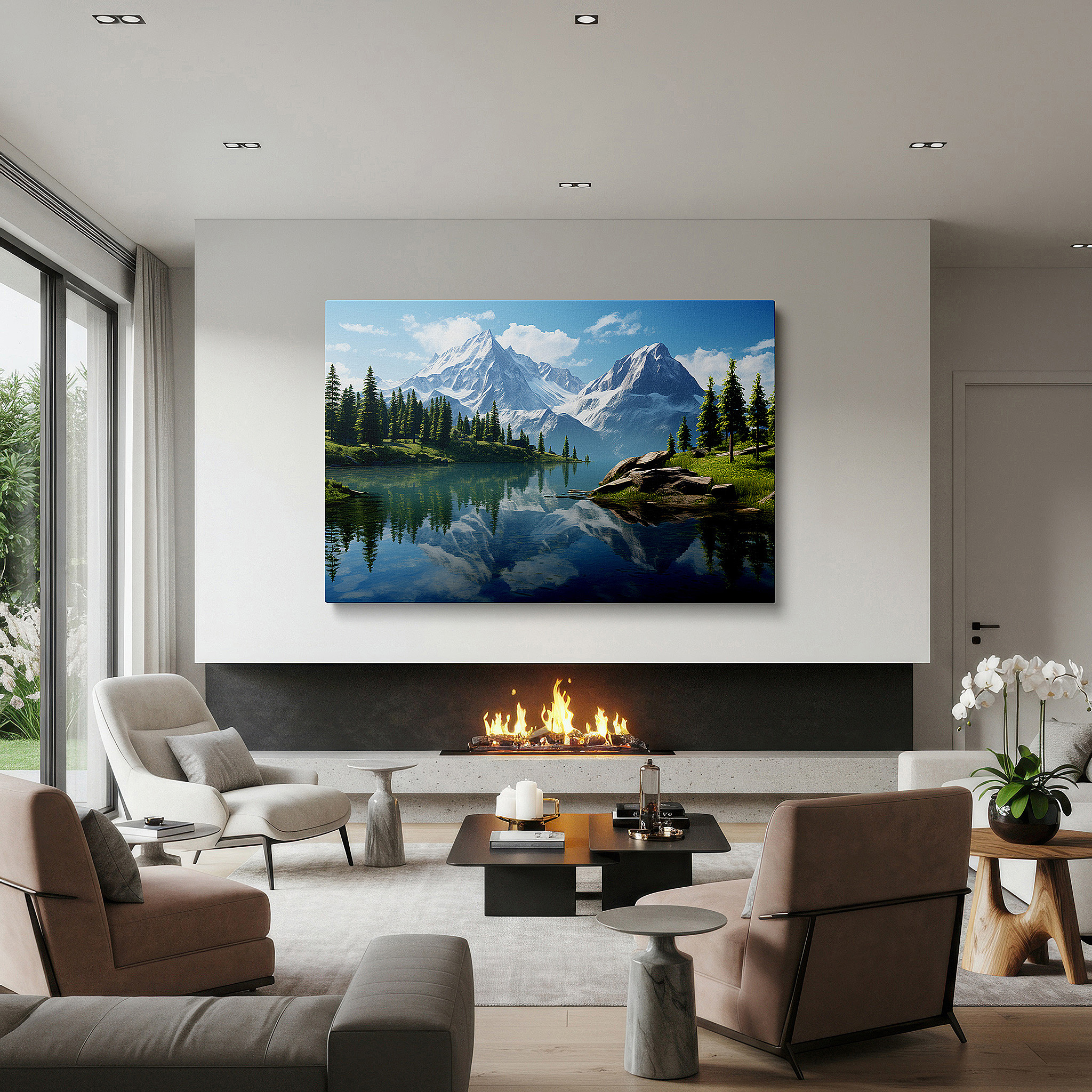 Aligned with a curated gallery wall of abstract artworks — wall art: serene mountain and lake reflections - a peaceful retreat for nature enthusiasts. large canvas wall art for home and office decor.