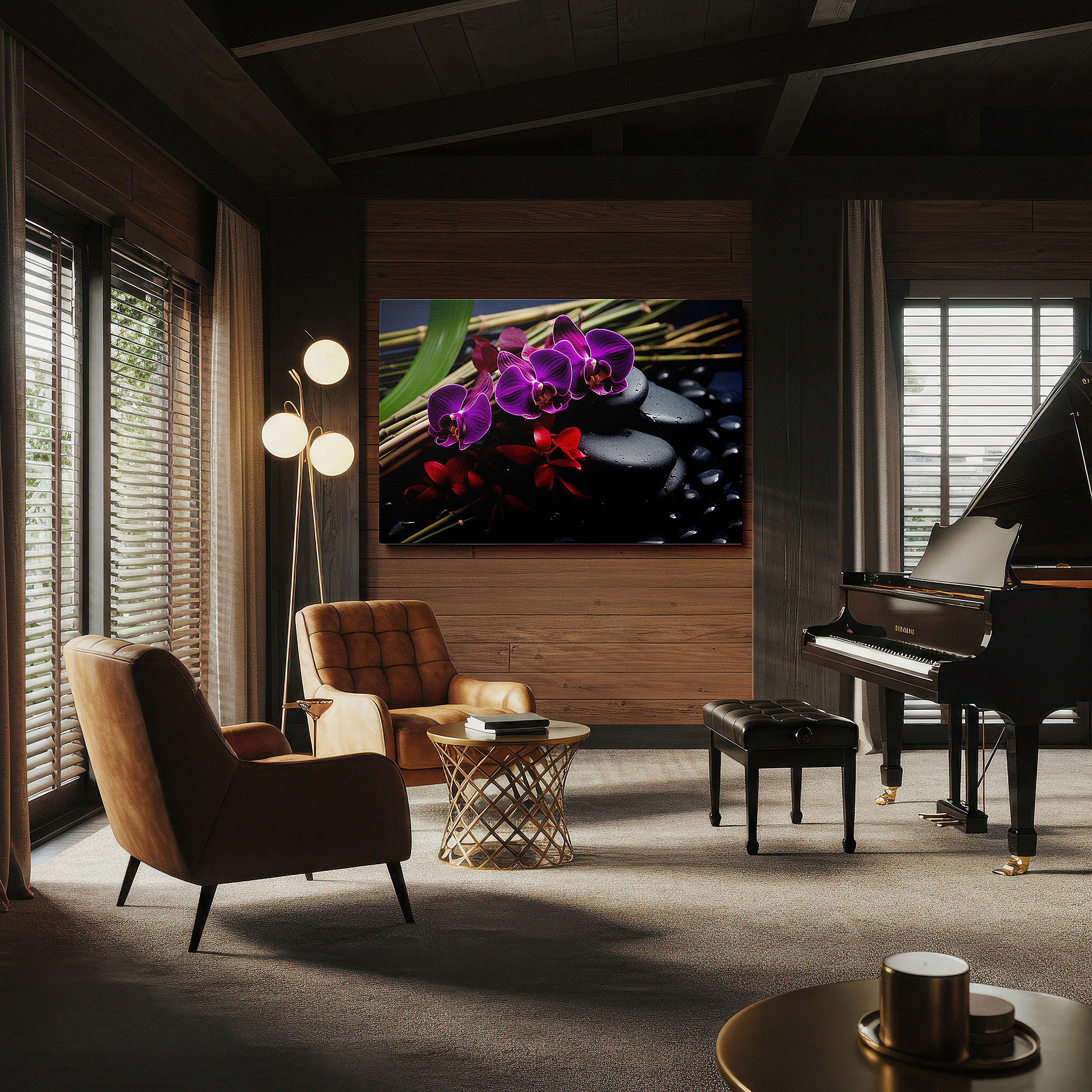 Aligned with a curated gallery wall of abstract artworks — wall art: serene nature scene featuring purple orchids, smooth stones, and slender bamboo - large canvas wall art for office decor