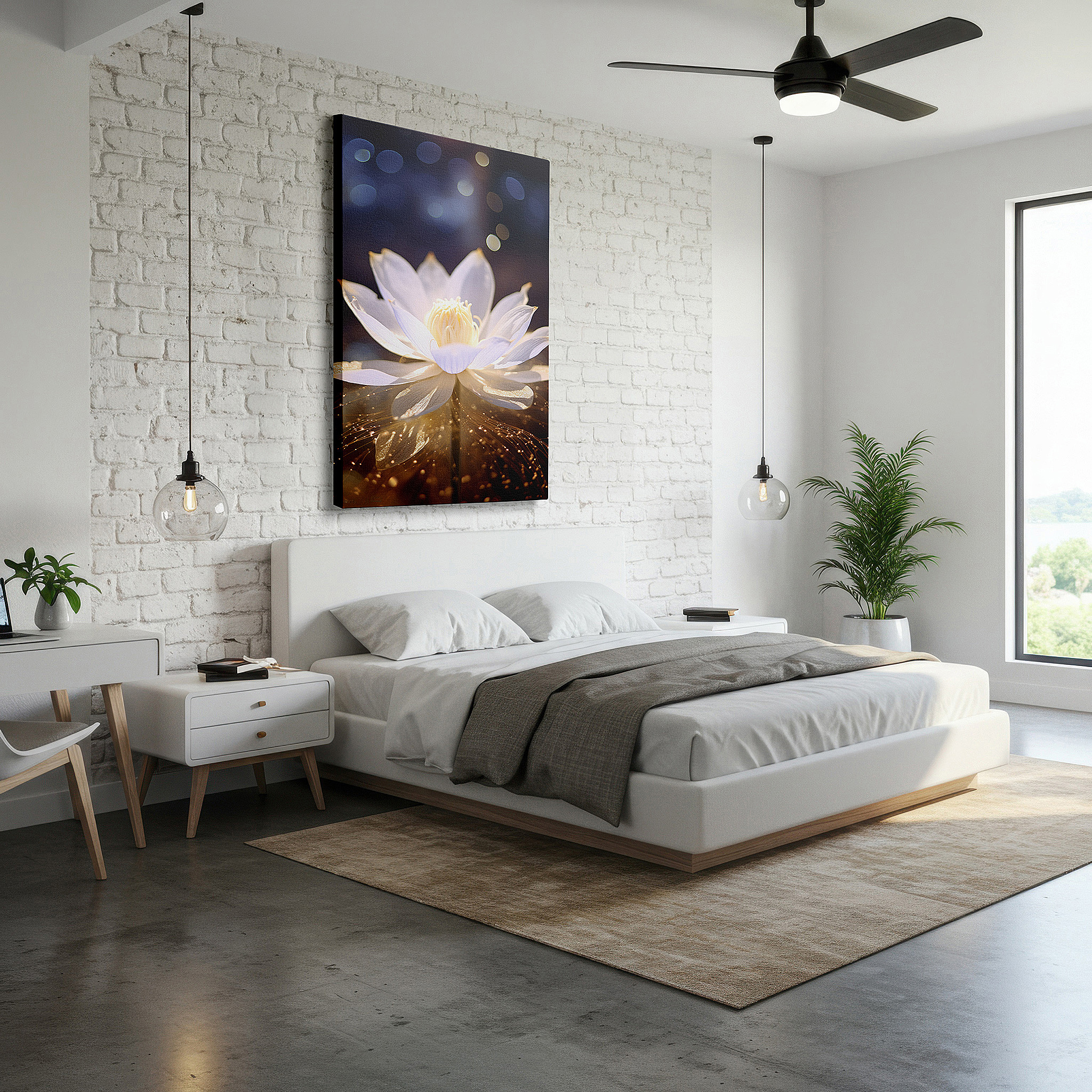 Aligned with a curated gallery wall of abstract artworks — wall art: serene white lotus blossom, emblem of purity and peace, set against a soft glow - large canvas wall art for home and office decor