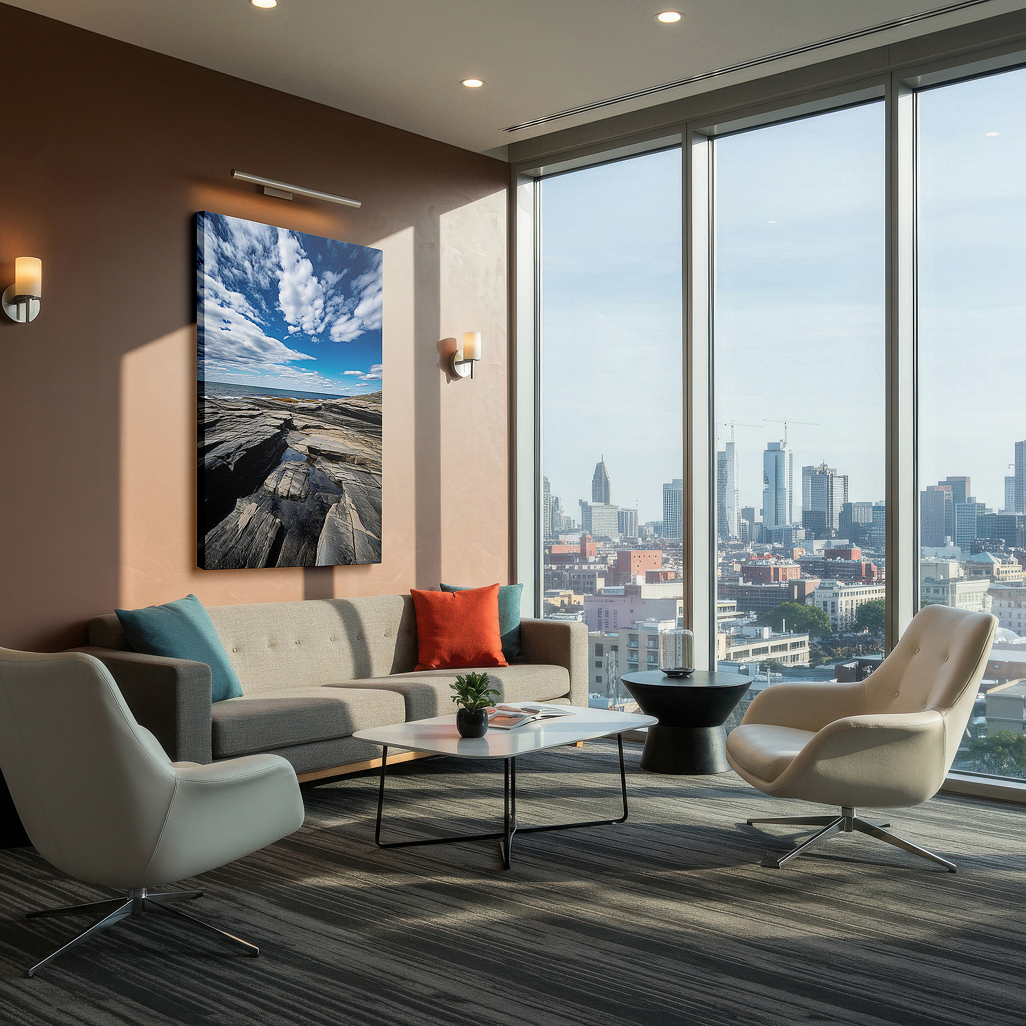 Aligned with a curated gallery wall of abstract artworks — wall art: "timeless dance of earth and sky" - panoramic rugged coastline and moody clouds, large canvas wall art for home and office decor