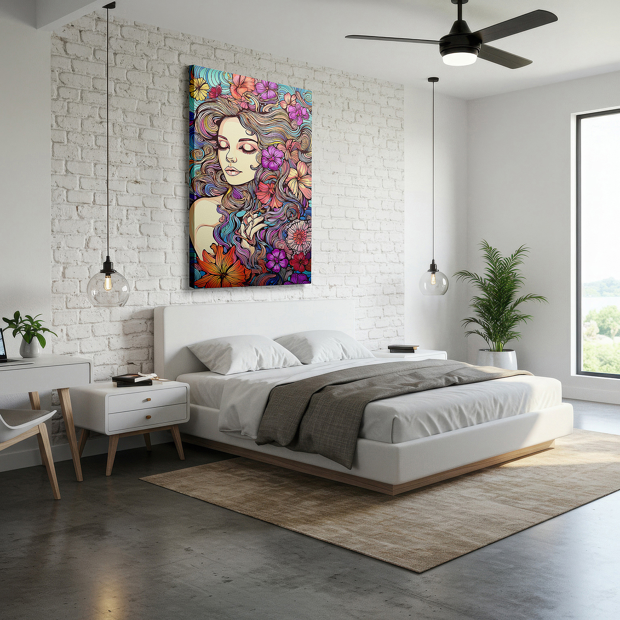 Aligned with a curated gallery wall of abstract artworks — wall art: tranquil scene of serene woman enveloped by nature's vibrant essence - large canvas wall art for office and bedroom decor