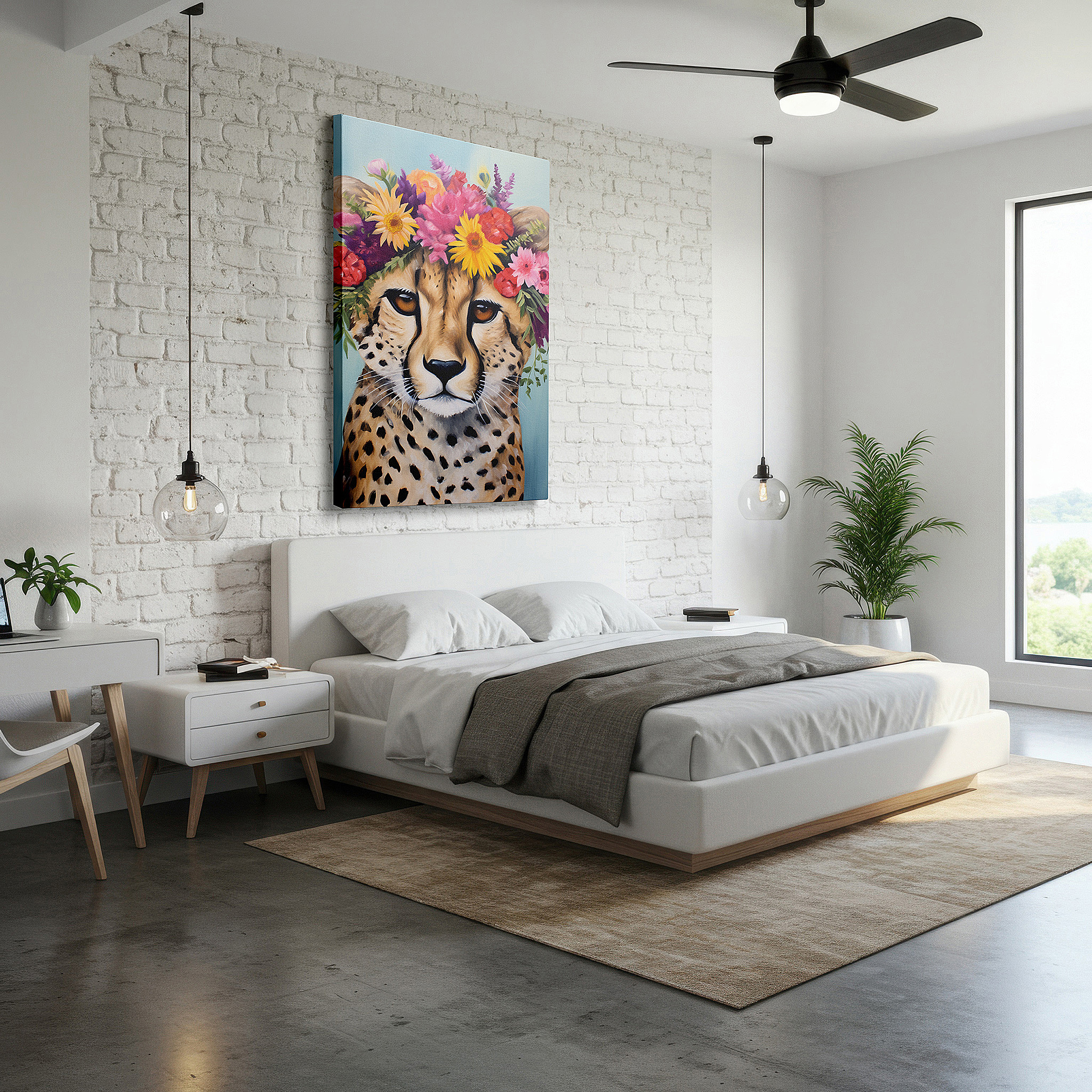 Aligned with a curated gallery wall of abstract artworks — wall decor: enchanting cheetah adorned with flower crown - a fusion of wilderness elegance and creative playfulness, large canvas wall art for home and office decor
