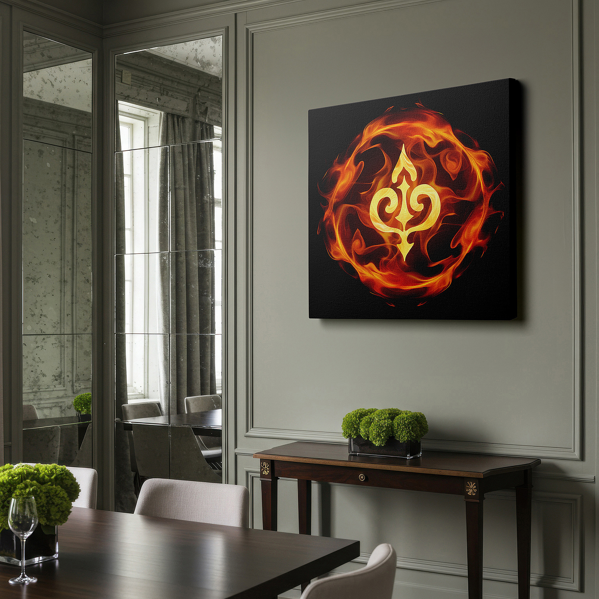 Aligned with a curated gallery wall of abstract artworks — wall decor: fiery emblem of passion and resilience, symbolizing dynamic intensity and motivation - large canvas art for office decor