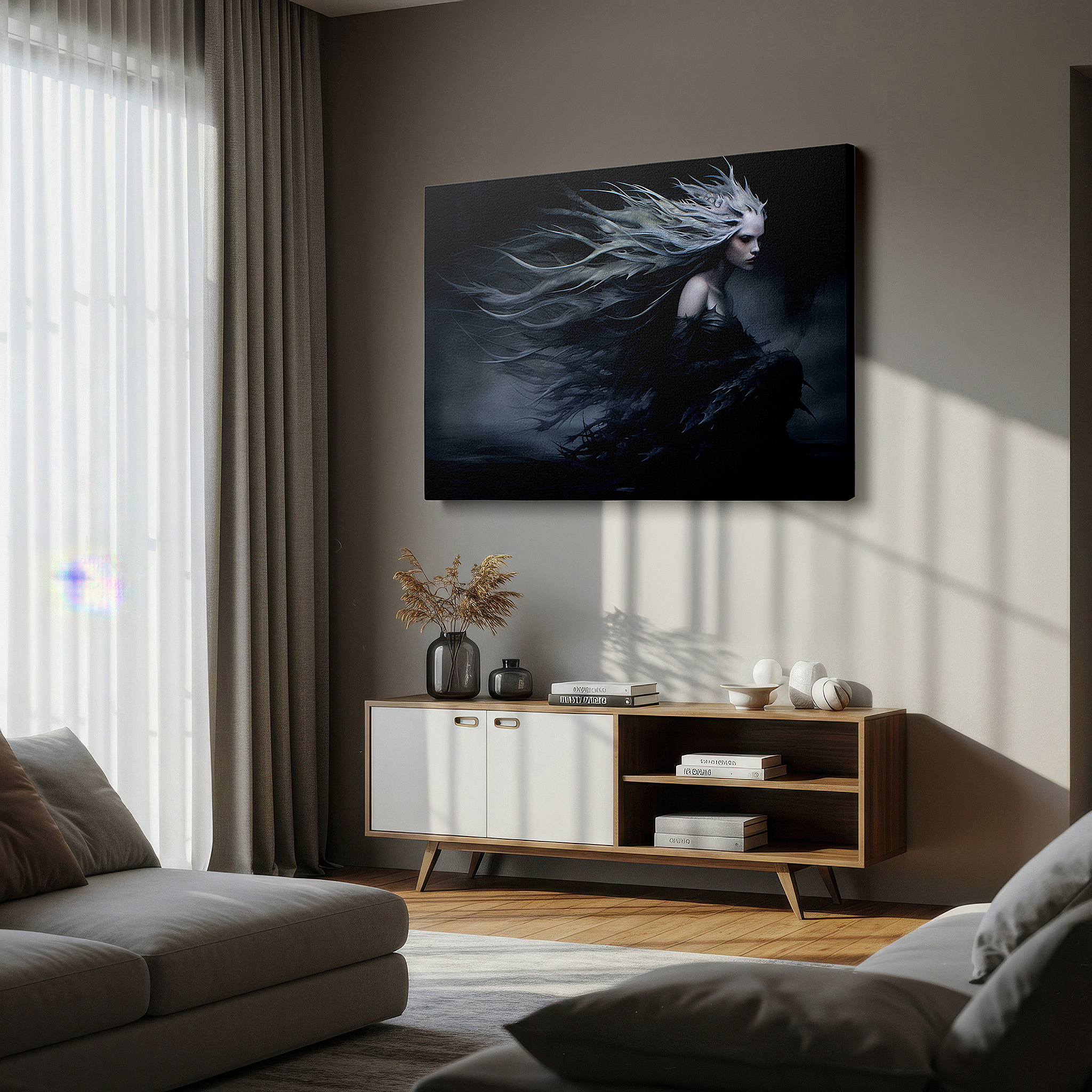 Aligned with a curated gallery wall of abstract artworks — wall decor: majestic female figure shrouded in swirling shadows, capturing emotional intensity and artistic grace - large canvas art for home and office decor