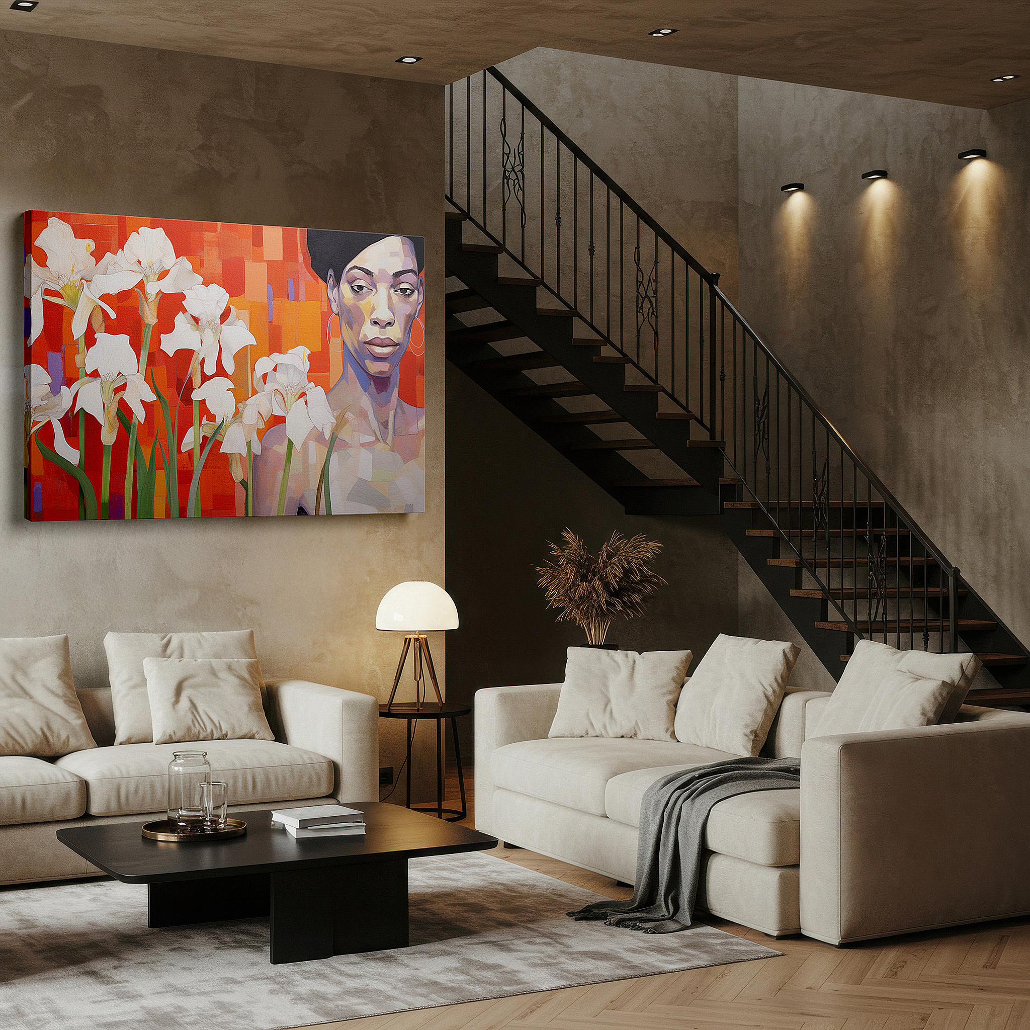 Aligned with a curated gallery wall of abstract artworks — woman among irises - a bold display of power and femininity large wall art, canvas wall art, wall decor, office wall art, bedroom wall art