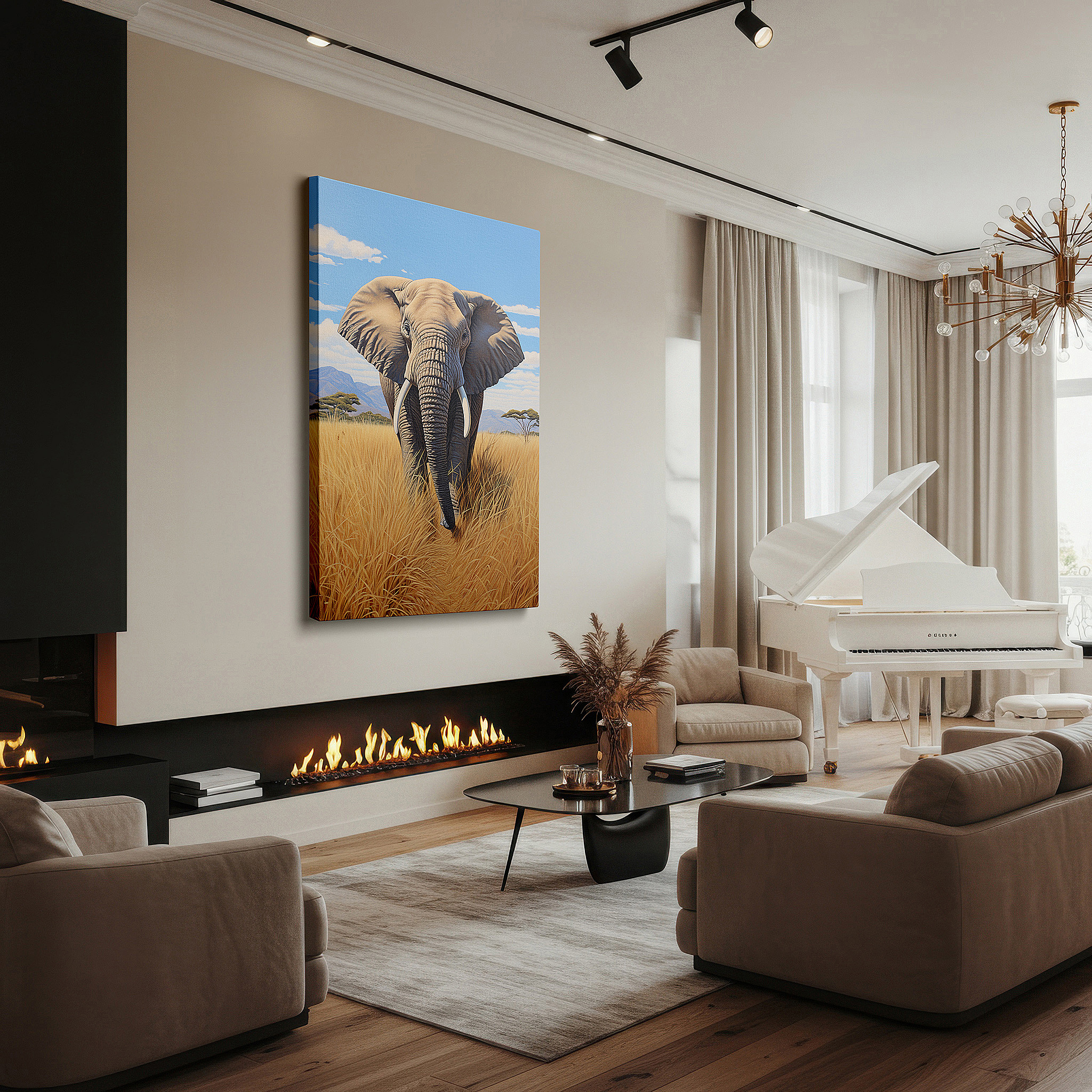 Available in 30×20 cm — a subtle addition to small personal spaces — african elephant in golden grass with blue sky large canvas wall art for office, bedroom, and living room decor