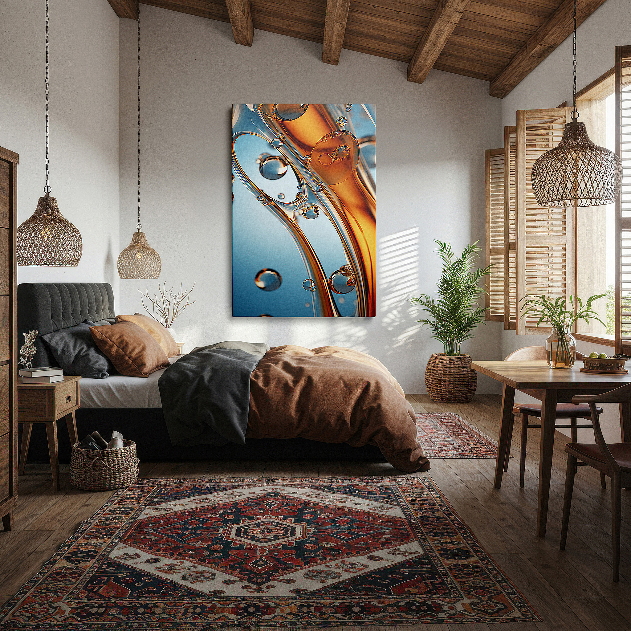 Available in 30×20 cm — a subtle addition to small personal spaces — amber and clear bubbles abstract dance large wall art, canvas decor for office, bedroom, and living room