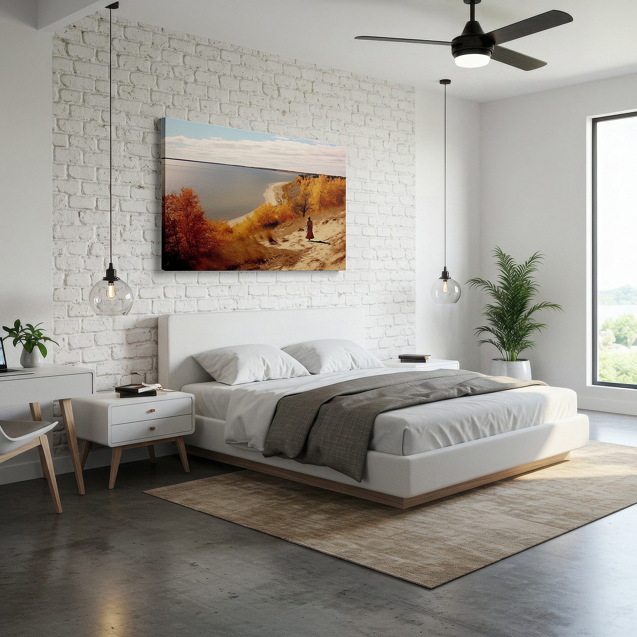 Available in 30×20 cm — a subtle addition to small personal spaces — autumn beach tranquility: serene large wall art for bedrooms and offices, featuring vibrant autumn colors on canvas