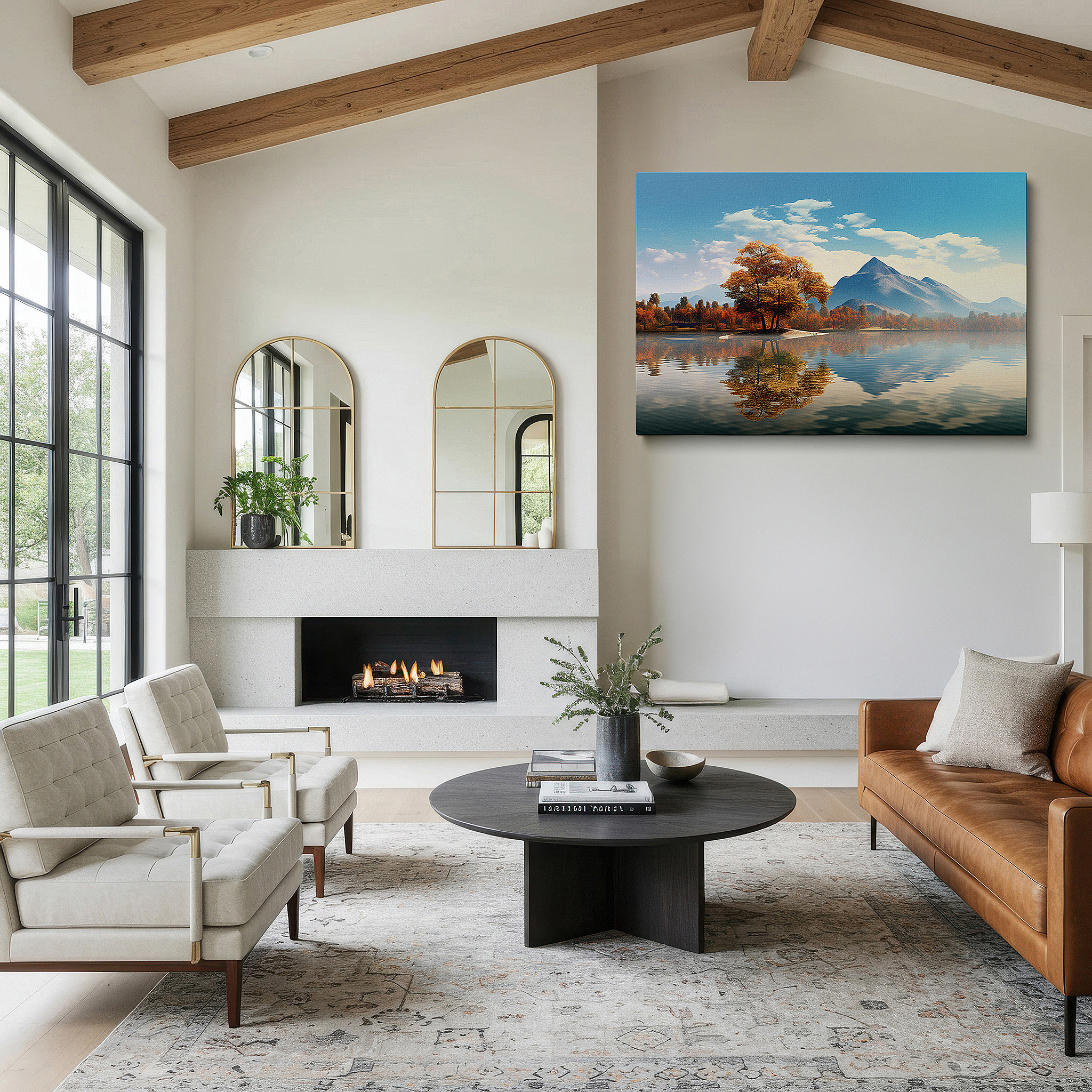 Available in 30×20 cm — a subtle addition to small personal spaces — autumnal majesty: serene lake and golden mountain reflections - large canvas wall art for office and bedroom decor