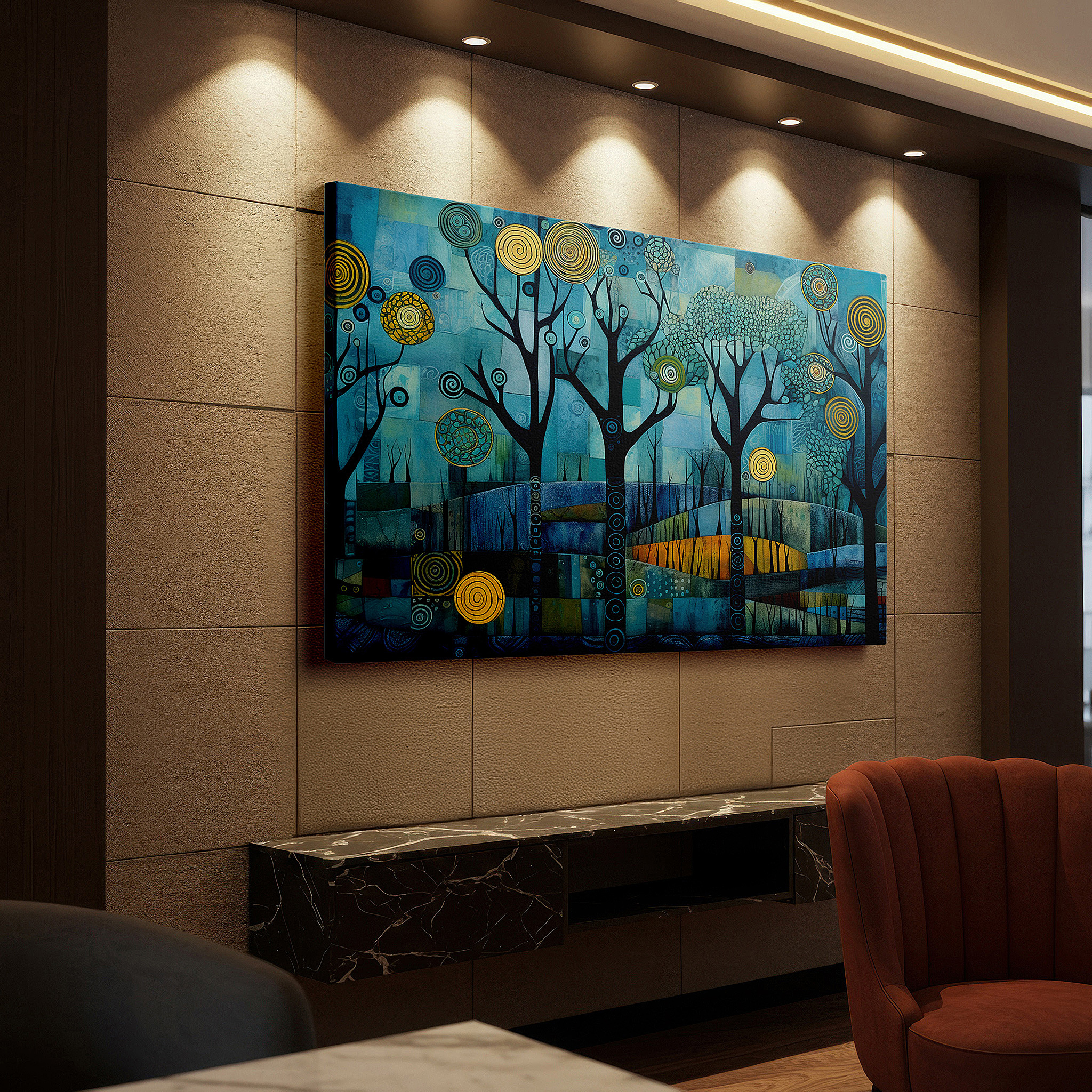 Available in 30×20 cm — a subtle addition to small personal spaces — blue and yellow ethereal trees with dynamic swirls, dreamy abstract nature dance large wall art, canvas wall art, wall decor for office