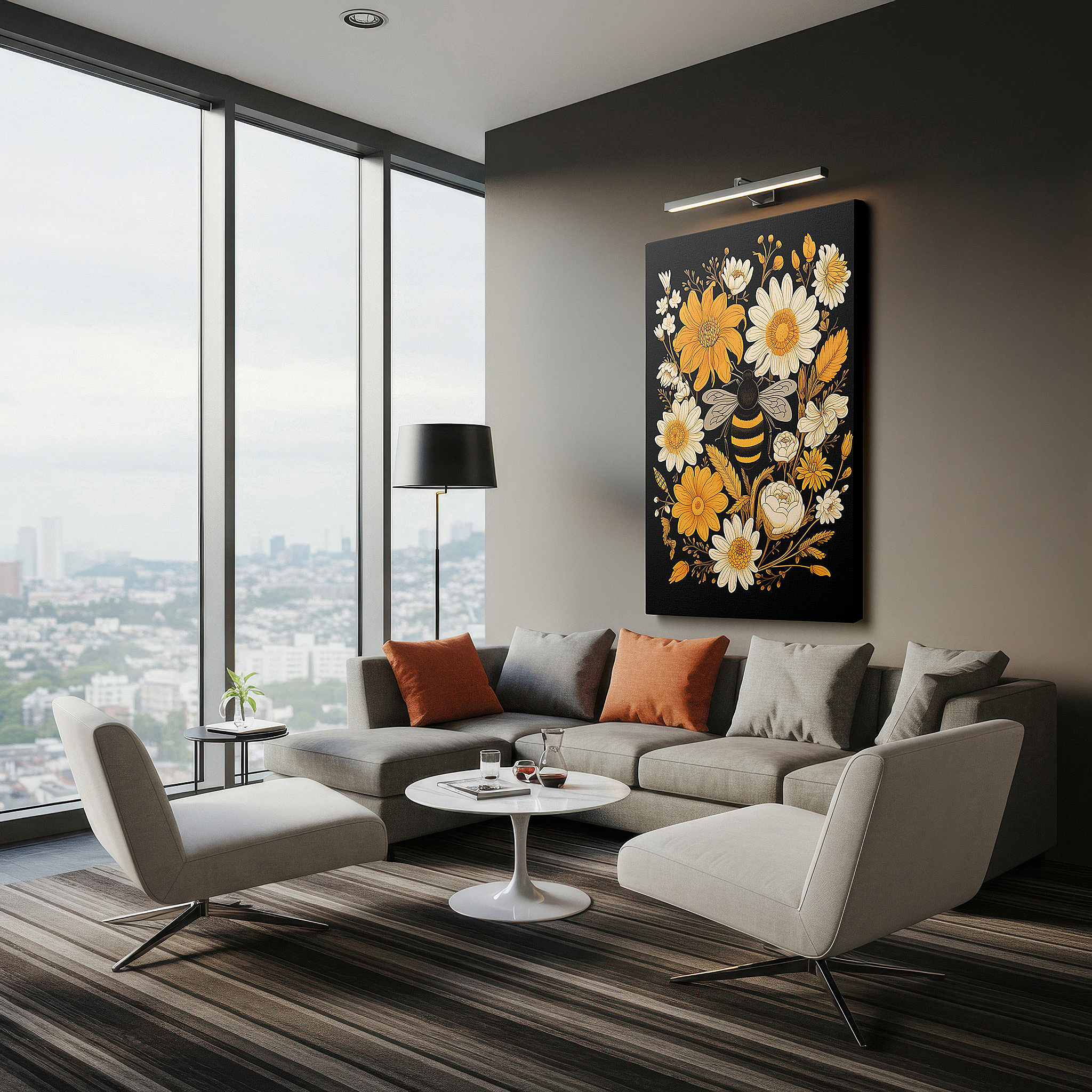 Available in 30×20 cm — a subtle addition to small personal spaces — bright yellow flowers and essential bees: a display of nature's fragile harmony - large wall art, canvas wall art, wall decor for office