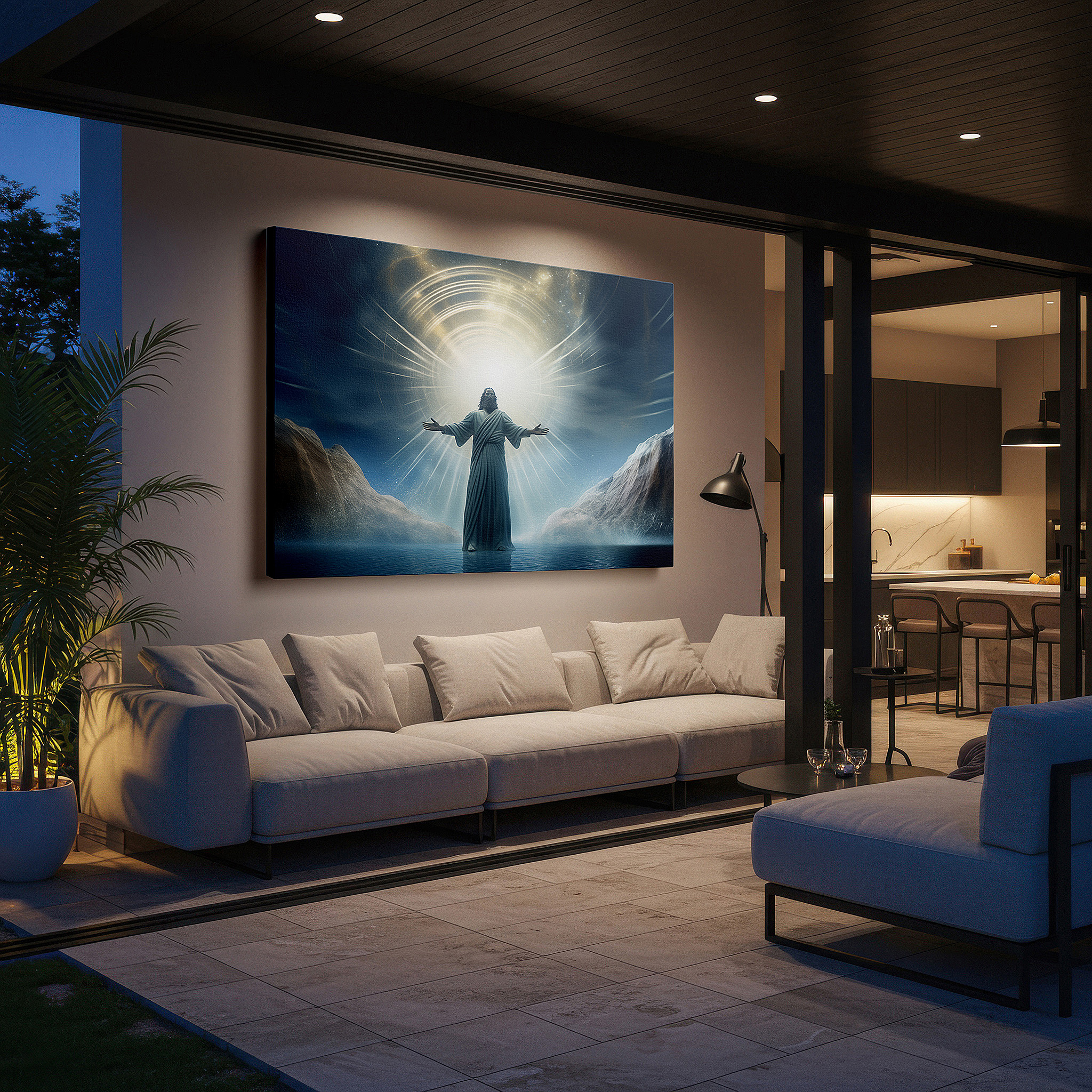 Available in 30×20 cm — a subtle addition to small personal spaces — celestial light and divine peace in the embrace of jesus christ: large canvas wall art for home and office decor