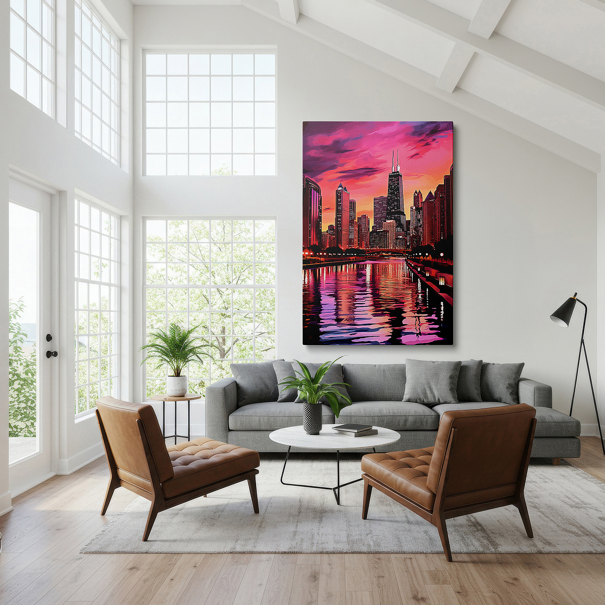 Available in 30×20 cm — a subtle addition to small personal spaces — chicago skyline at sunset canvas wall art: enchanting purple and pink hues, ideal for office wall decor