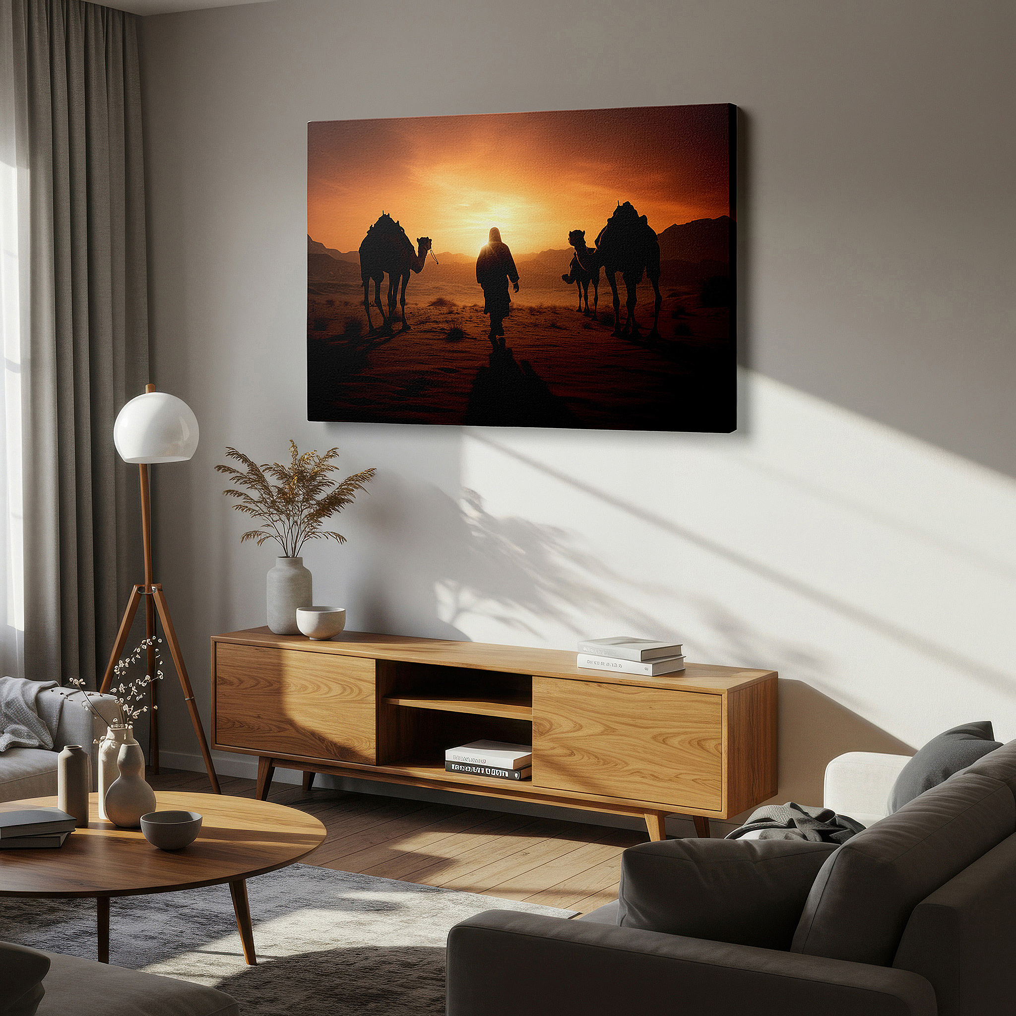 Available in 30×20 cm — a subtle addition to small personal spaces — desert sunset caravan wall art: camels crossing the horizon, tranquil journey scene, large canvas for home and office decor, perfect for living room and bedroom