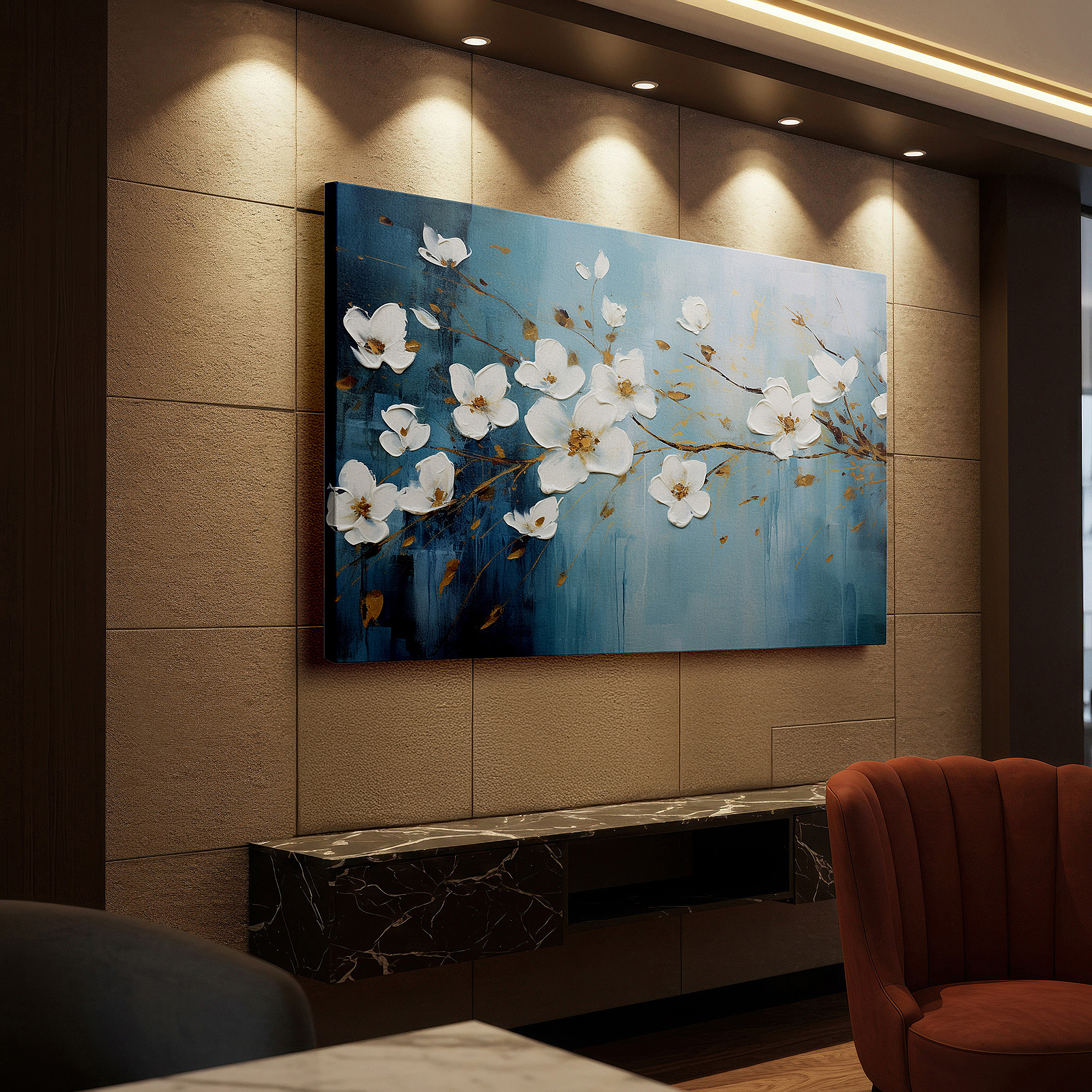 Available in 30×20 cm — a subtle addition to small personal spaces — elegant white blossoms on a cool blue background with soft gold highlights, large canvas wall art for home and office decor