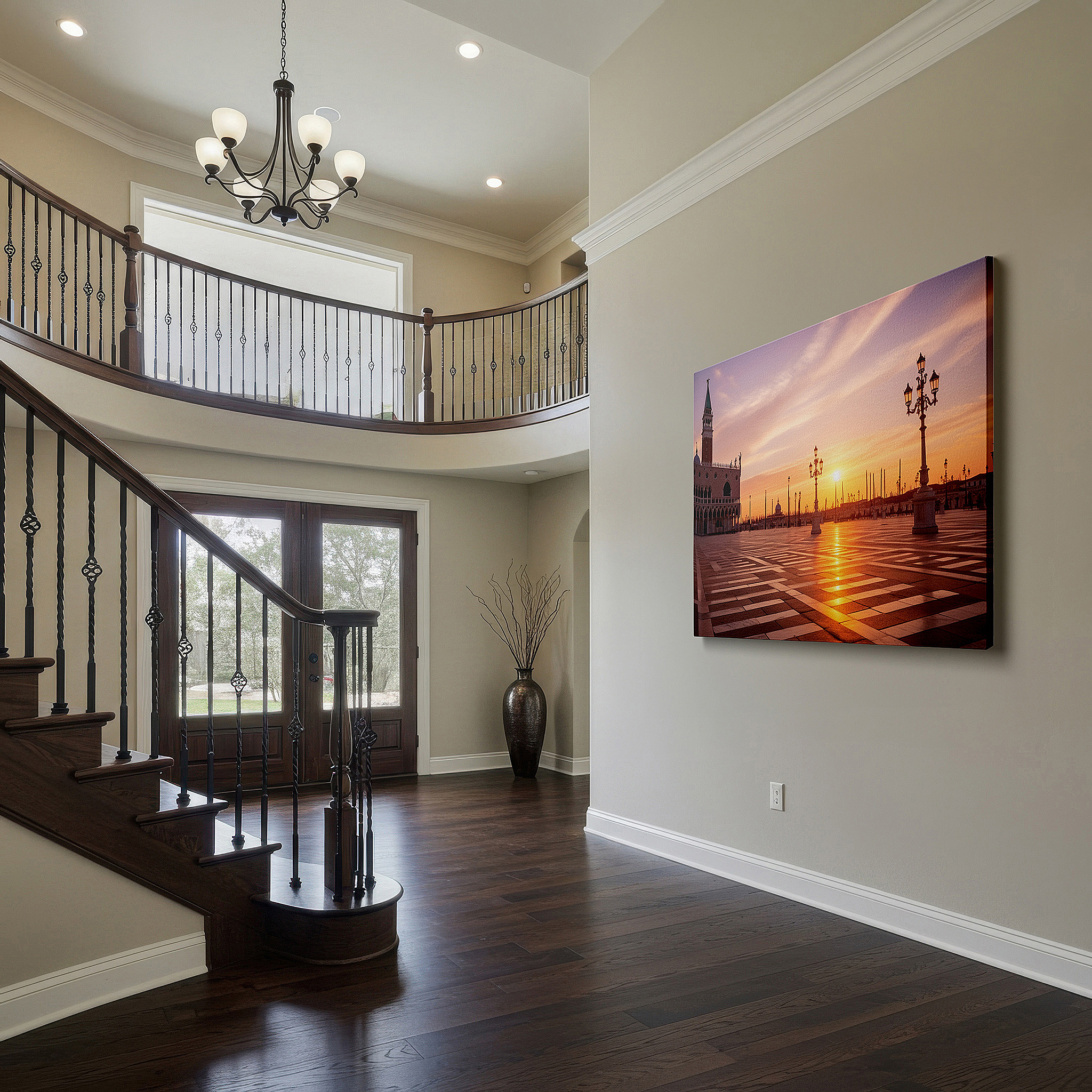 Available in 30×20 cm — a subtle addition to small personal spaces — enchanted european piazza canvas wall art: historical grandeur at golden hour, large wall decor for office