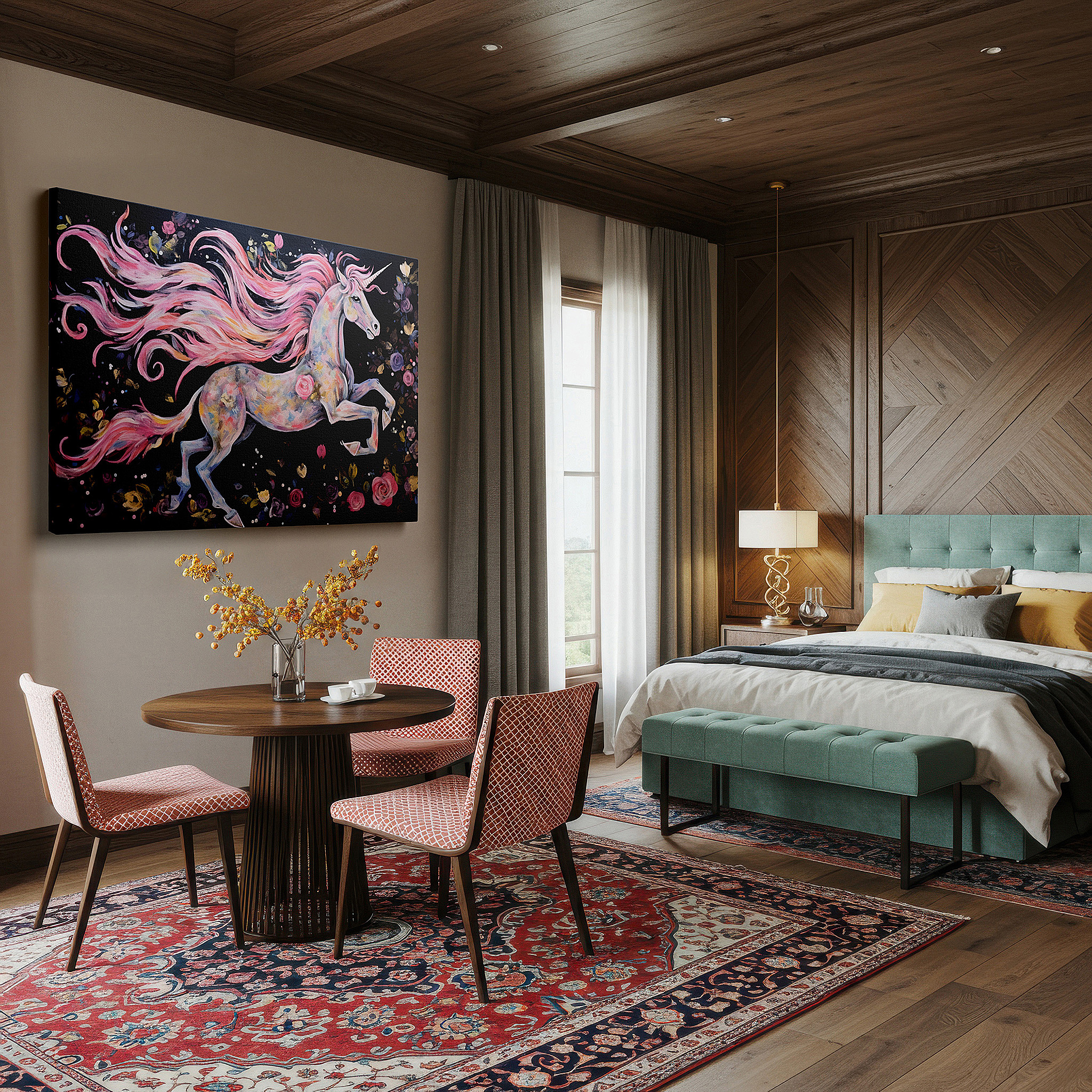 Available in 30×20 cm — a subtle addition to small personal spaces — enchanted unicorn in a flower-filled fantasy world: elegant and magical large wall art for office and bedroom decor
