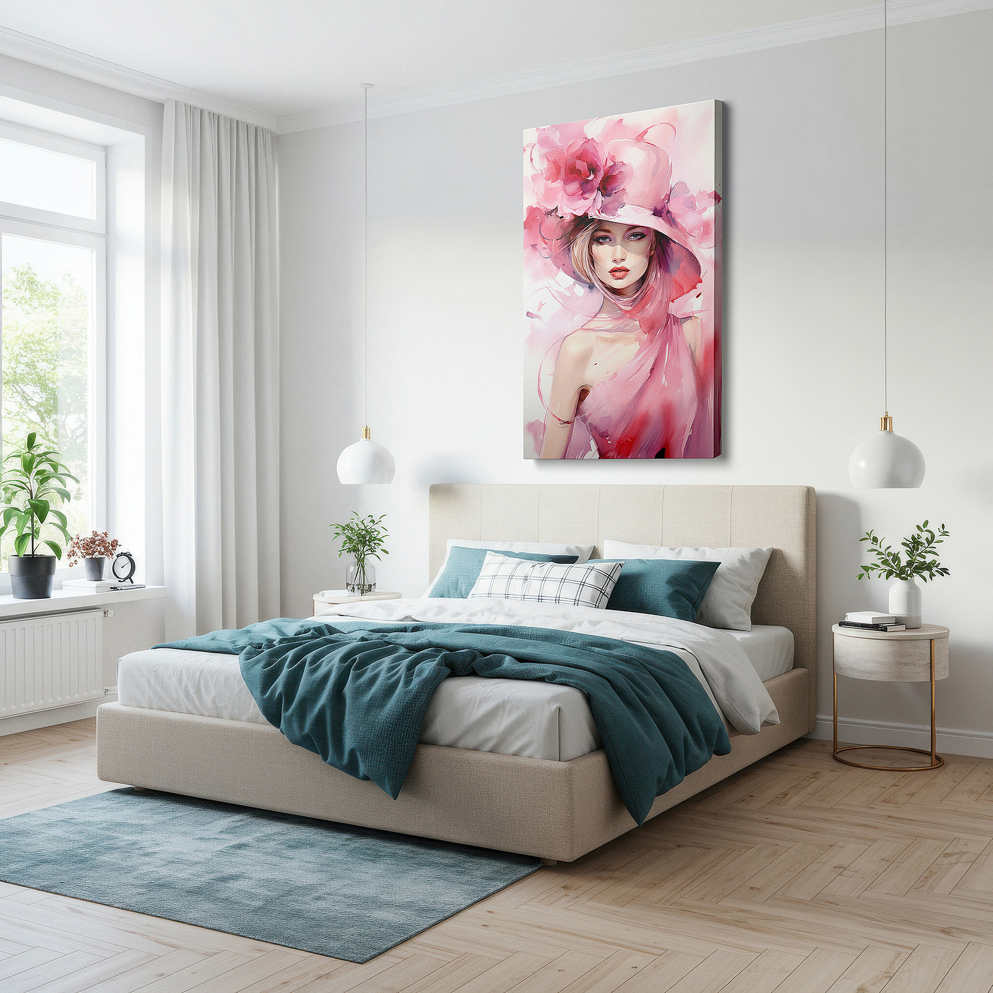 Available in 30×20 cm — a subtle addition to small personal spaces — enchanting large canvas wall art featuring a woman in a pink floral hat, perfect for office, bedroom, or living room decor