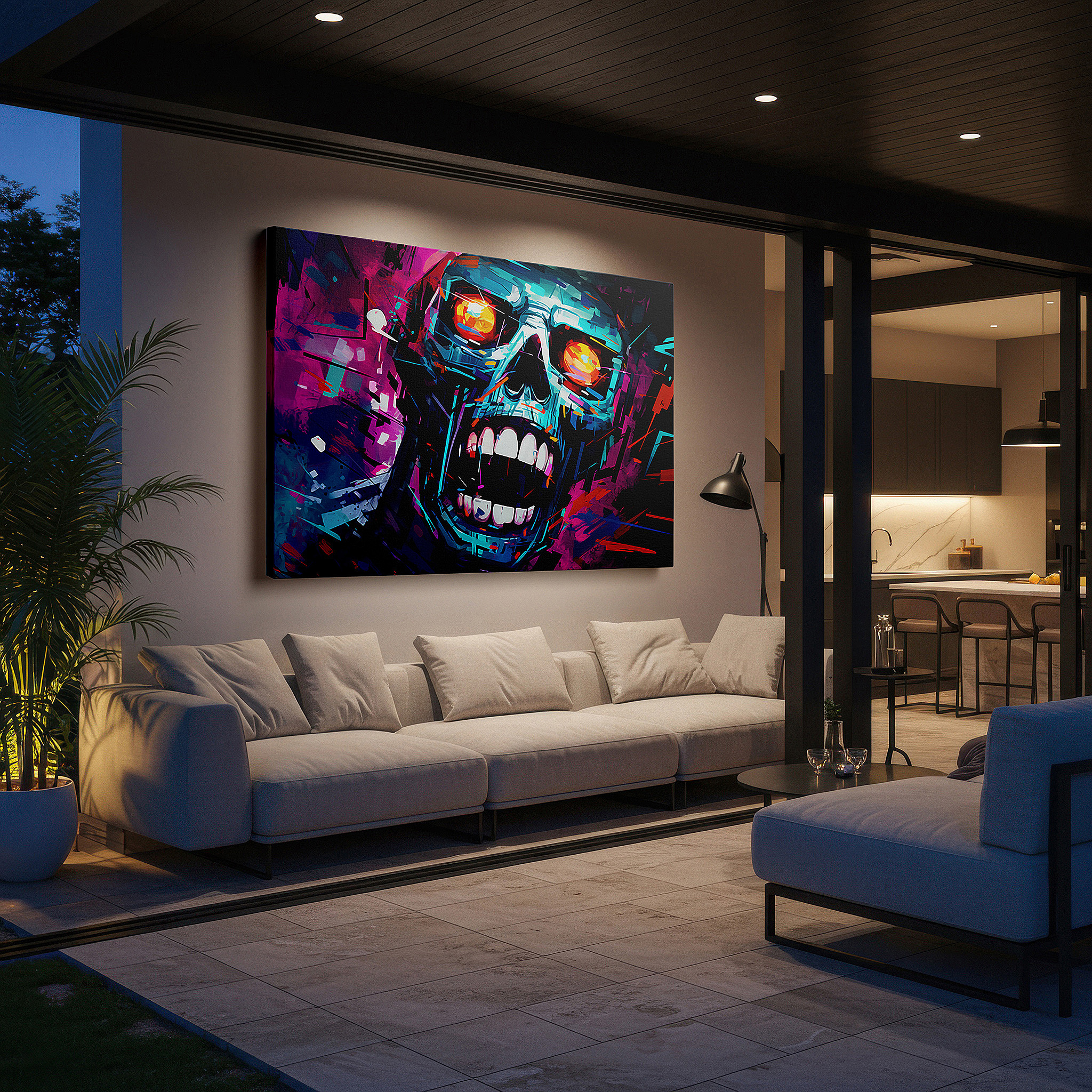 Available in 30×20 cm — a subtle addition to small personal spaces — fiery-eyed skull amidst a kaleidoscope of chaos wall art, canvas art for office, bedroom, and living room decor