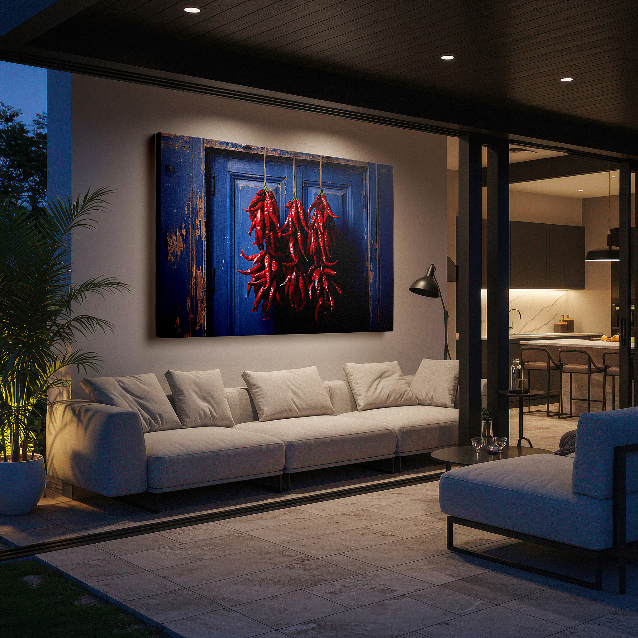 Available in 30×20 cm — a subtle addition to small personal spaces — fiery red chilies against a weathered blue door - bold culinary-themed large wall art, canvas decor for office and bedroom