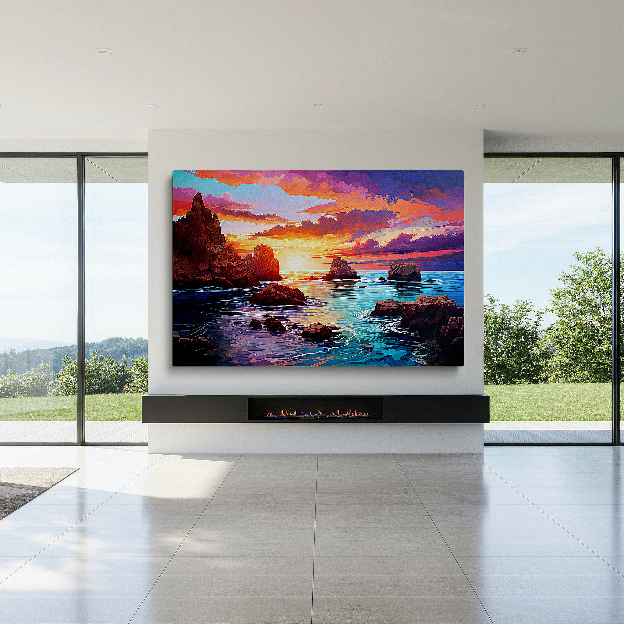 Available in 30×20 cm — a subtle addition to small personal spaces — fiery sunset seascape with tranquil waters: a serene reflection - large canvas wall art for home and office decor