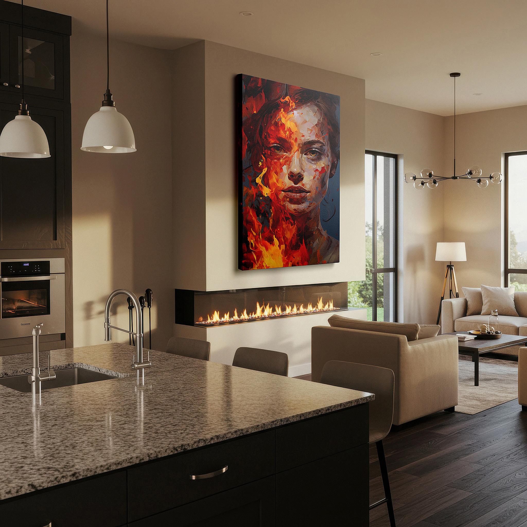 Available in 30×20 cm — a subtle addition to small personal spaces — flames of passion and resilience in a woman's intense gaze: large wall art, canvas wall art, wall decor for office, bedroom, and living room