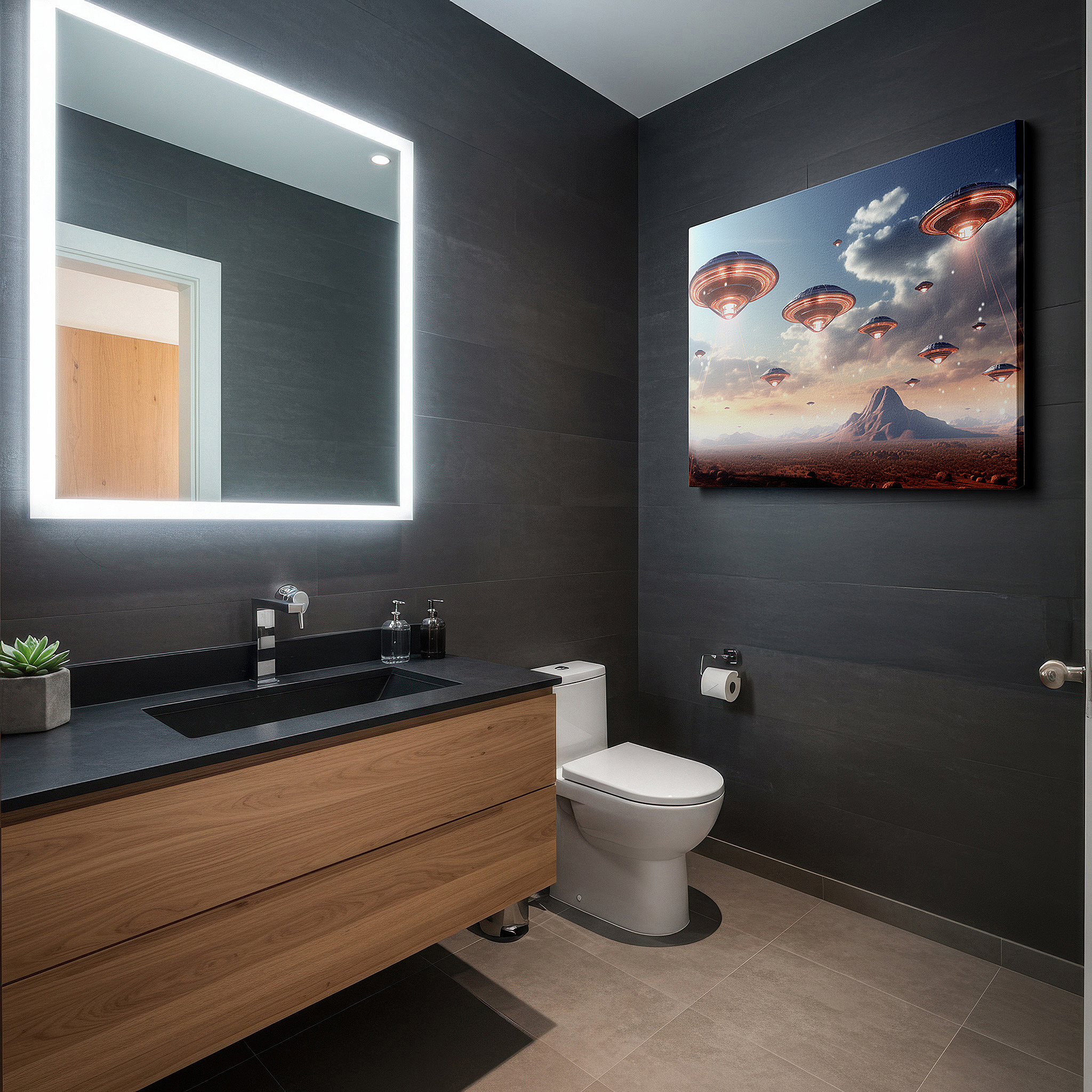 Available in 30×20 cm — a subtle addition to small personal spaces — futuristic alien landscape wall art featuring metallic ufos and jagged mountains - large canvas for office or bedroom decor