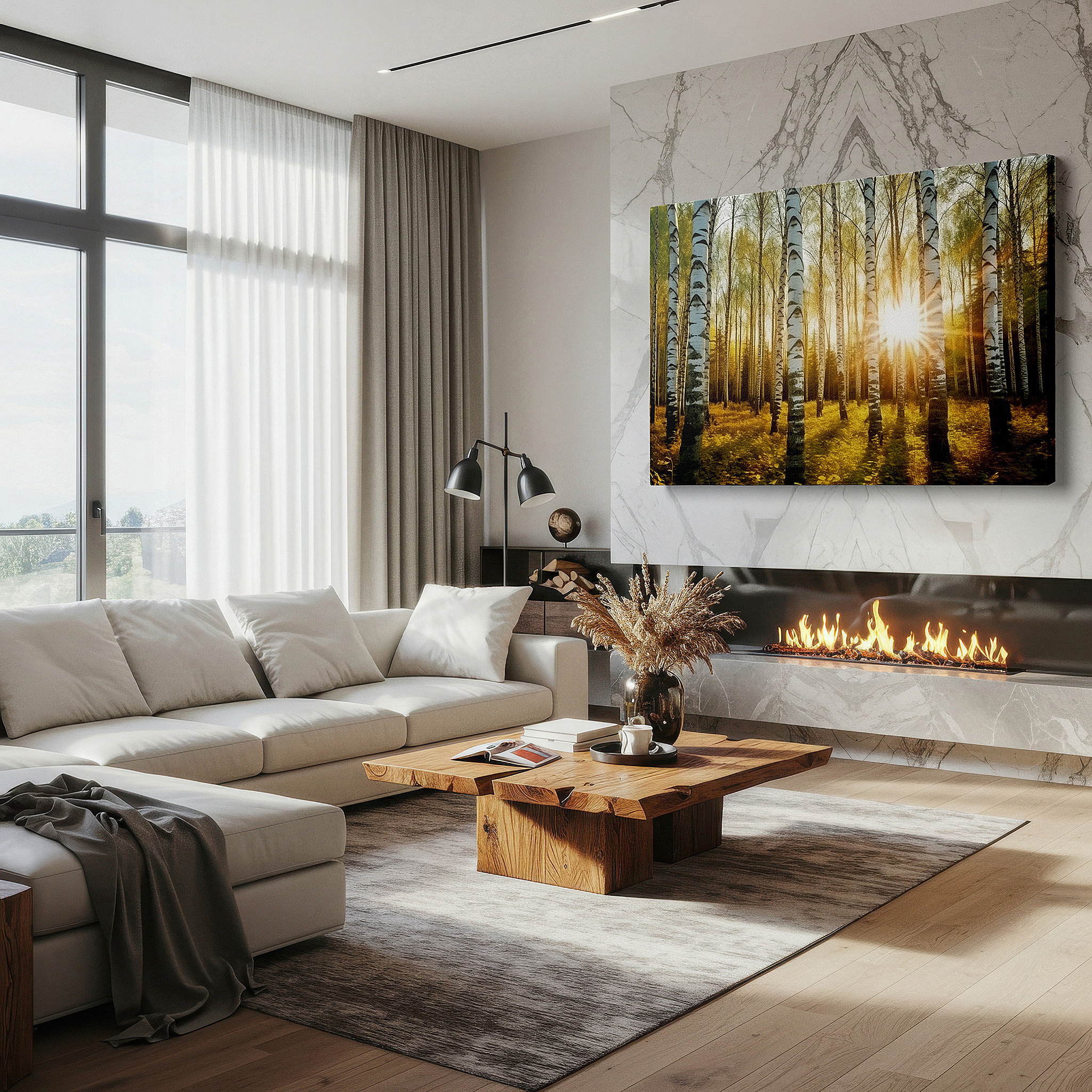 Available in 30×20 cm — a subtle addition to small personal spaces — golden hour birch forest - slender trees bathed in radiant sunlight large wall art, canvas wall decor for office and bedroom