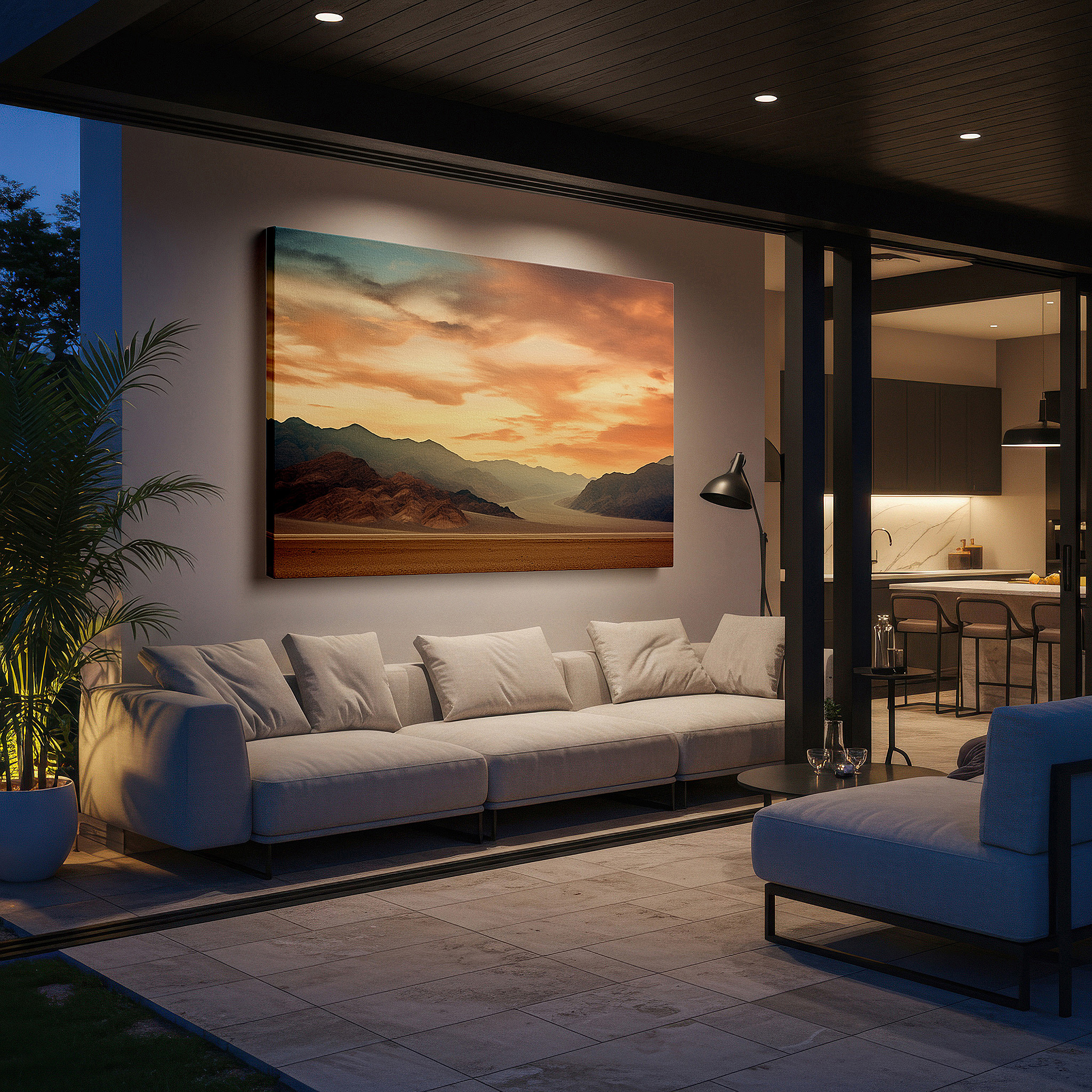 Available in 30×20 cm — a subtle addition to small personal spaces — golden sunset and jagged peaks desert dusk wall art, large canvas for office, bedroom, and living room decor