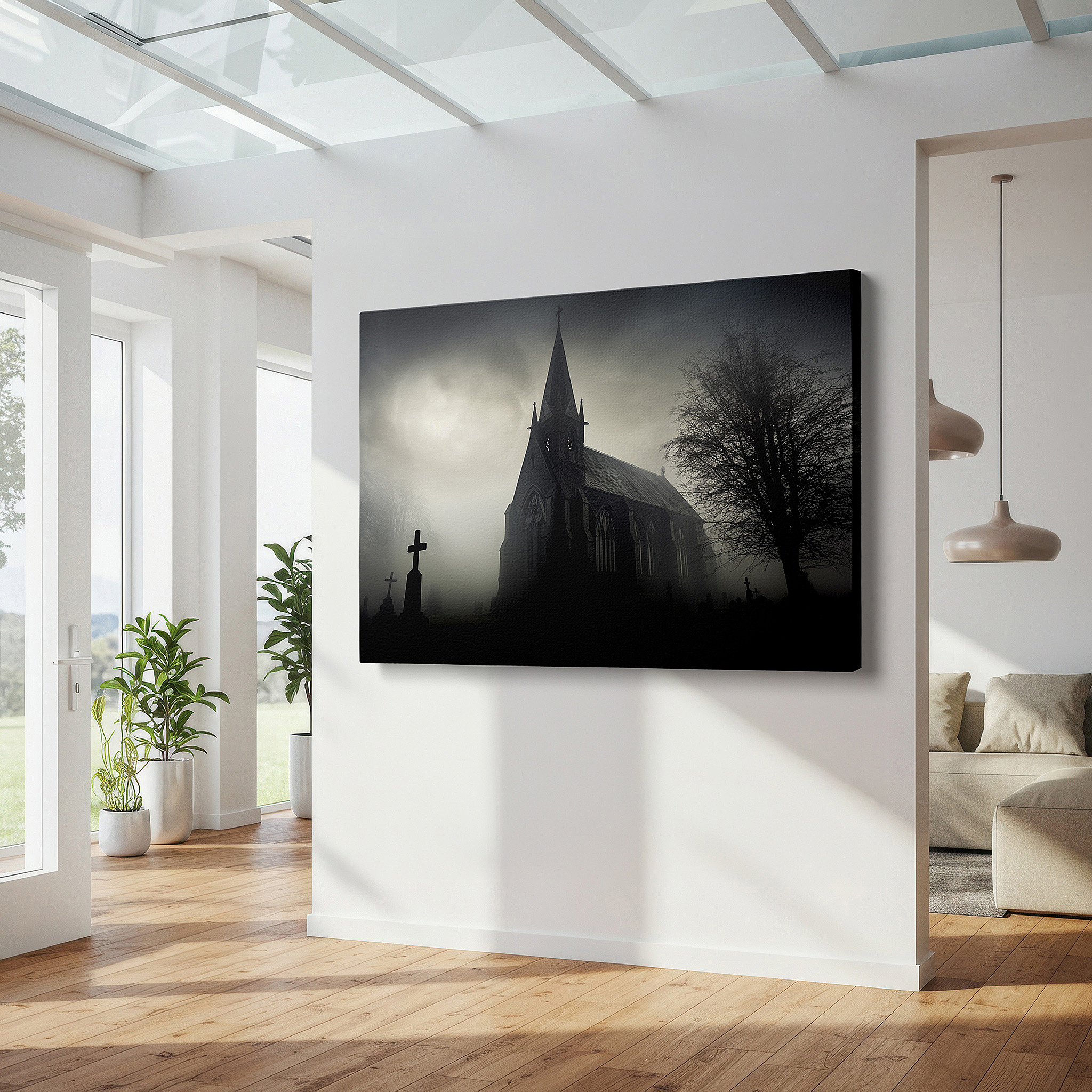 Available in 30×20 cm — a subtle addition to small personal spaces — gothic church at twilight: shadows and light dance in foggy graveyard - large canvas wall art for home and office decor