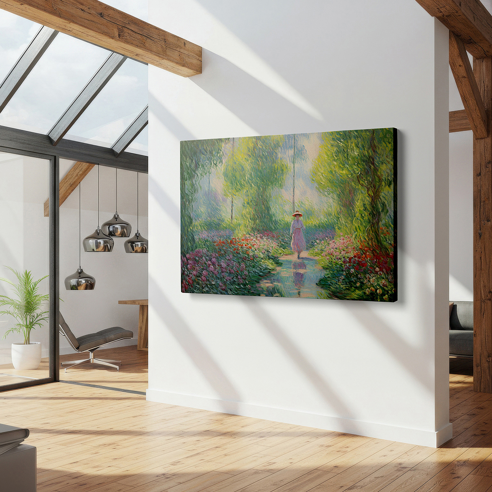Available in 30×20 cm — a subtle addition to small personal spaces — impressionist tranquil scene of a woman in a blooming garden at dawn, large canvas wall art for office and bedroom decor