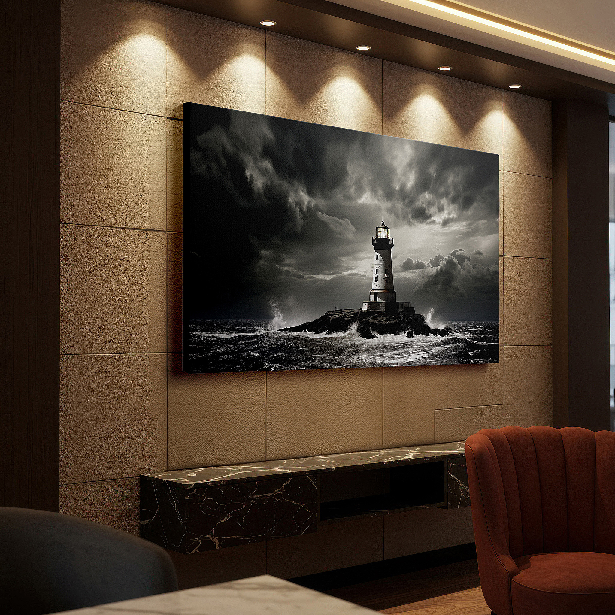 Available in 30×20 cm — a subtle addition to small personal spaces — lighthouse: a beacon of strength amidst stormy seas - resilient large wall art, canvas wall decor for offices