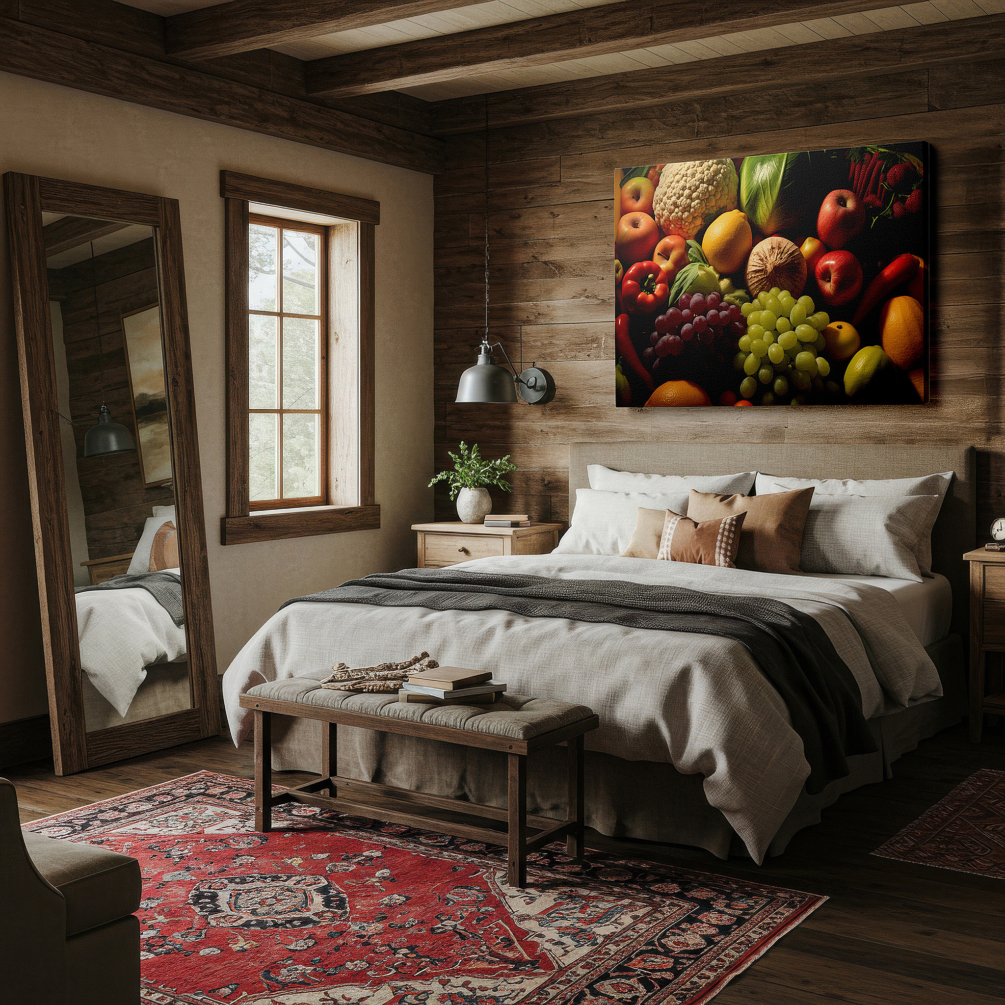 Available in 30×20 cm — a subtle addition to small personal spaces — a lively celebration of nature's riches featuring fresh apples, succulent grapes, and bright peppers - large wall art, canvas wall art, wall decor for office
