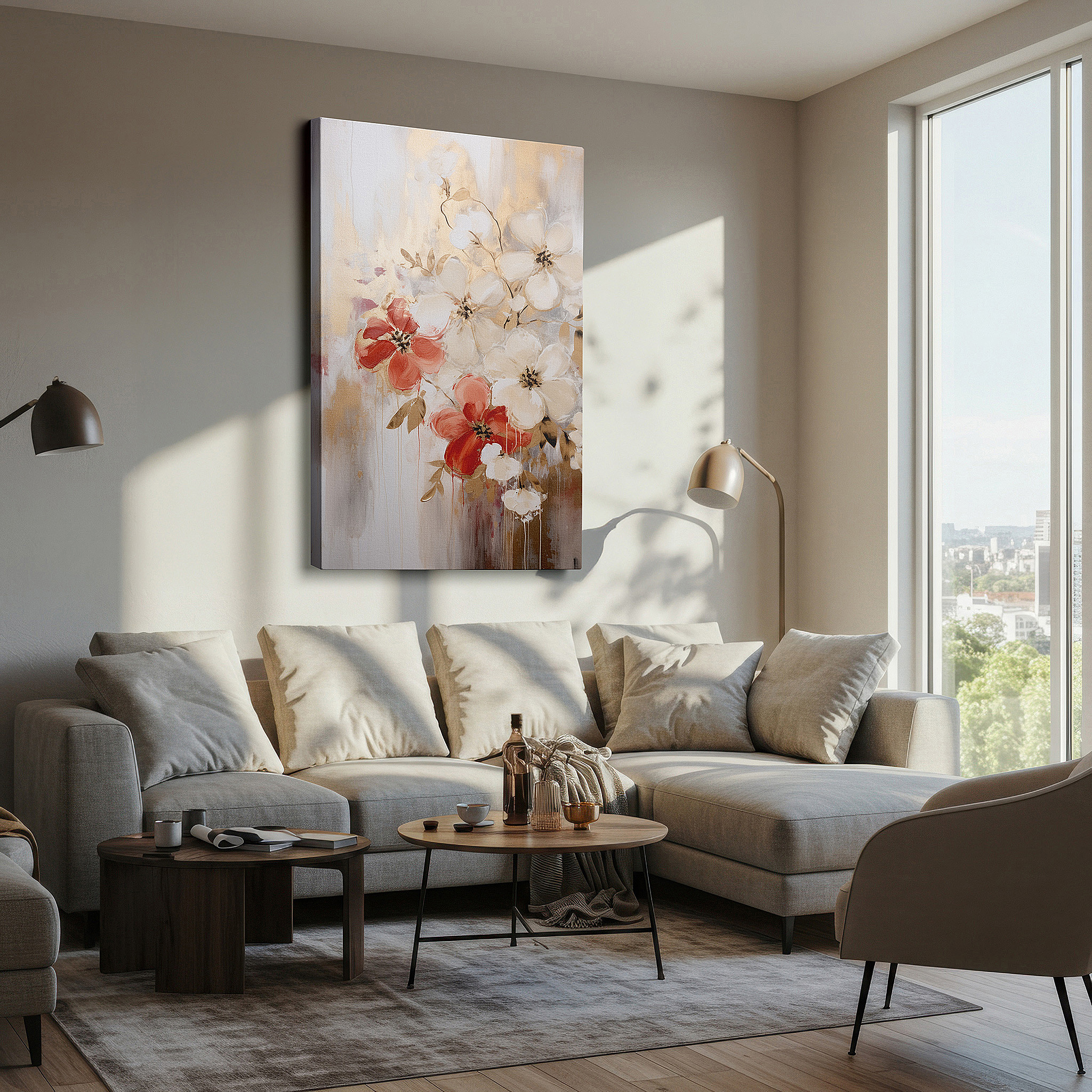 Available in 30×20 cm — a subtle addition to small personal spaces — luxurious bouquet featuring golden highlights, serene mix of soft roses and delicate daisies, large canvas wall art for home and office decor