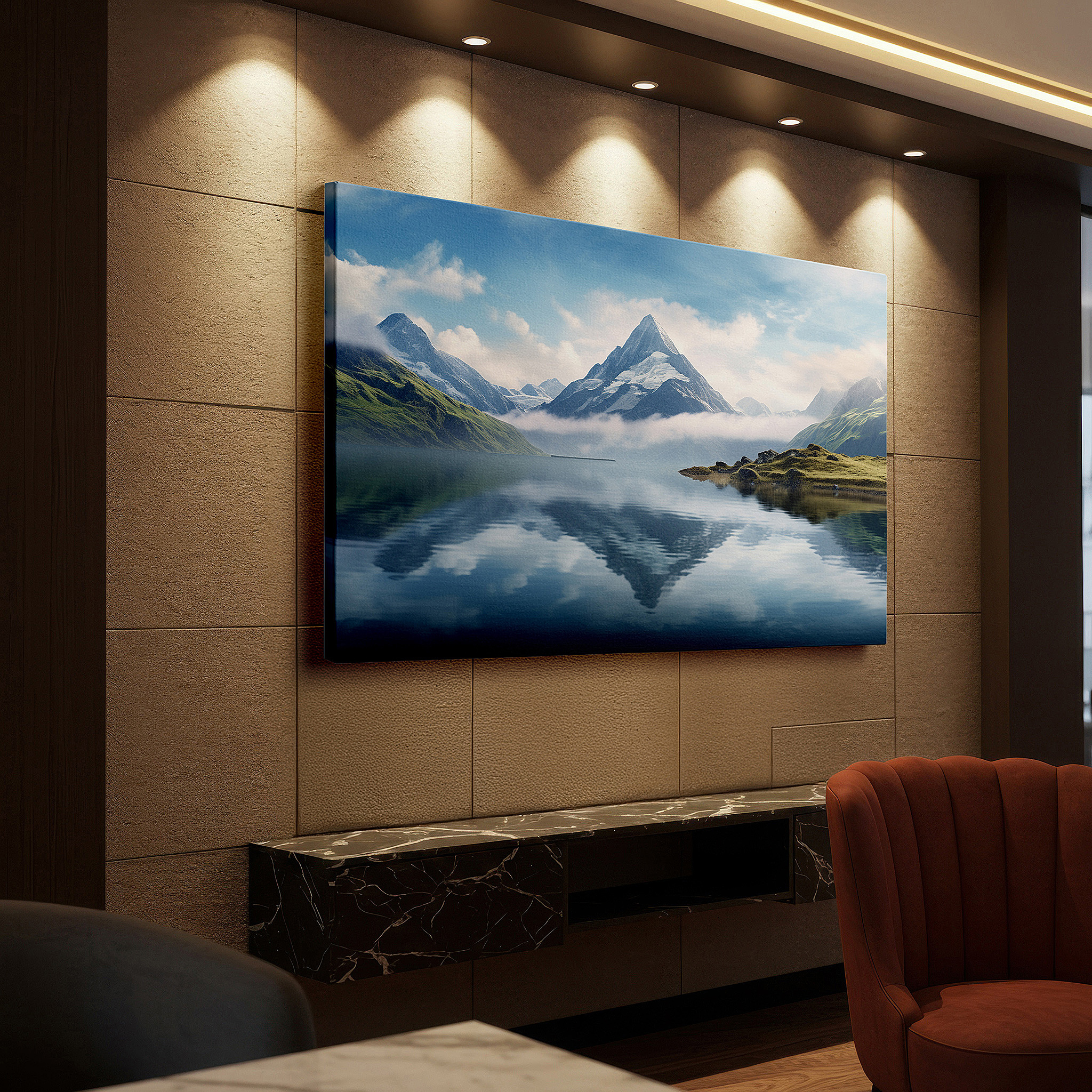 Available in 30×20 cm — a subtle addition to small personal spaces — majestic mountains and peaceful lake reflections - a calming and refreshing landscape for any space, large wall art, canvas wall art, wall decor