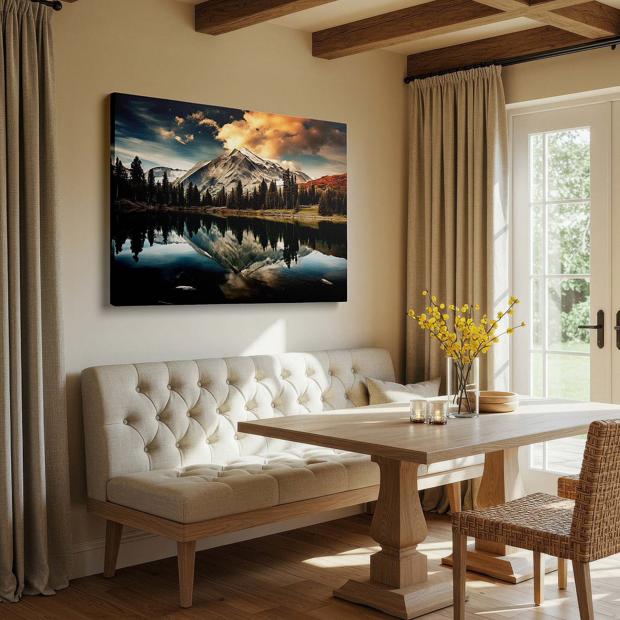 Available in 30×20 cm — a subtle addition to small personal spaces — majestic mountains and serene lake reflections at dawn - large canvas wall art for office and bedroom decor