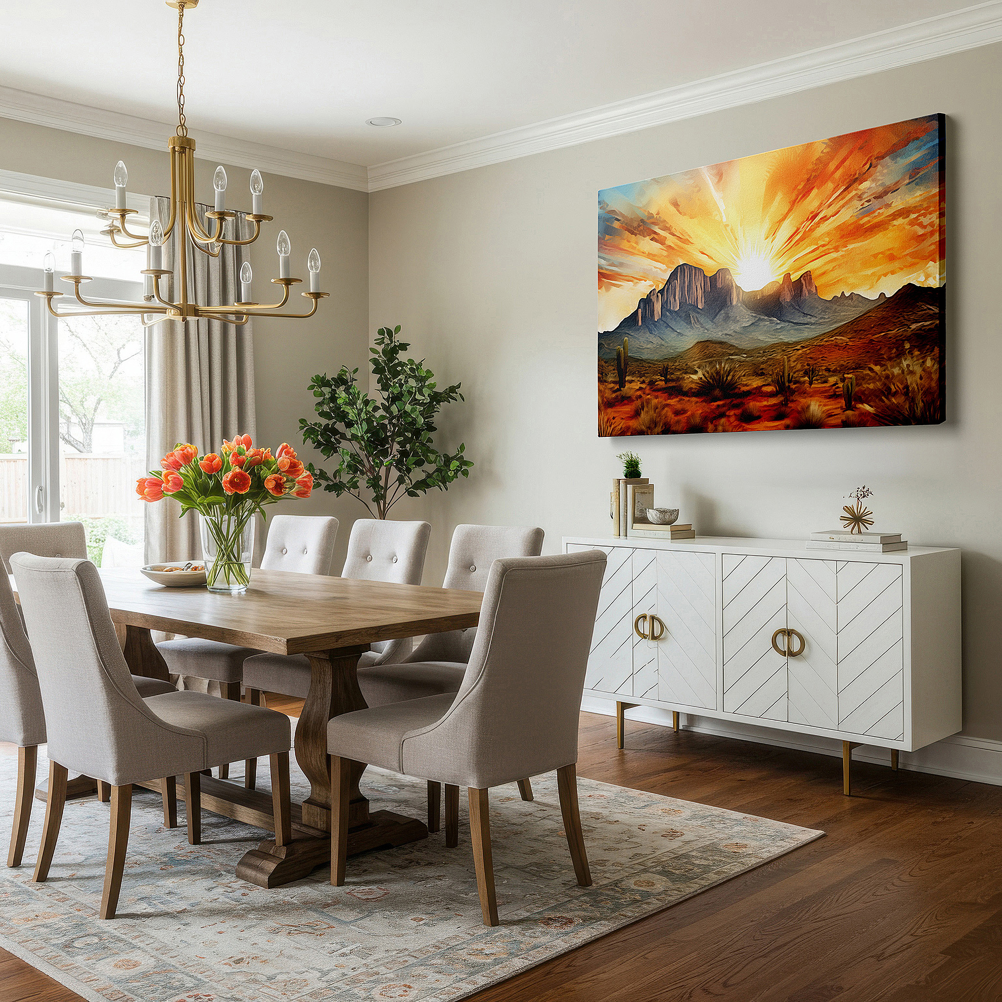 Available in 30×20 cm — a subtle addition to small personal spaces — majestic mountains silhouetted against a vibrant sunset sky - large canvas wall art for office and bedroom decor