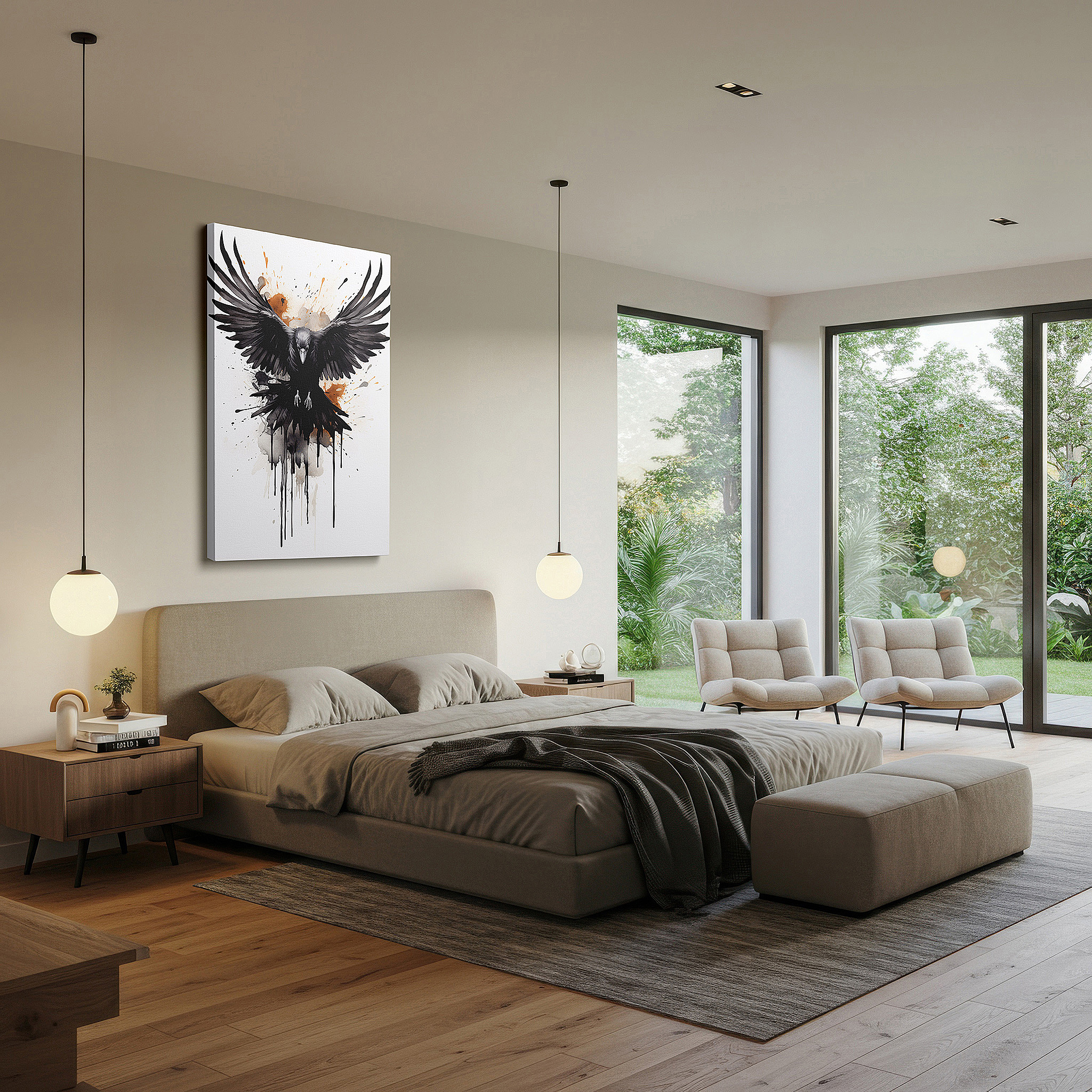 Available in 30×20 cm — a subtle addition to small personal spaces — majestic raven in flight depicting freedom and power against a stormy abstract sky - large canvas wall art for office decor