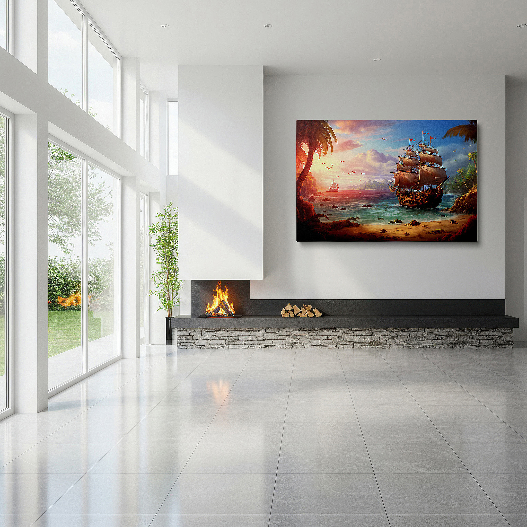Available in 30×20 cm — a subtle addition to small personal spaces — majestic sailing ship at sunset canvas print, navigating tropical waters under golden skies, large wall decor for office and bedroom