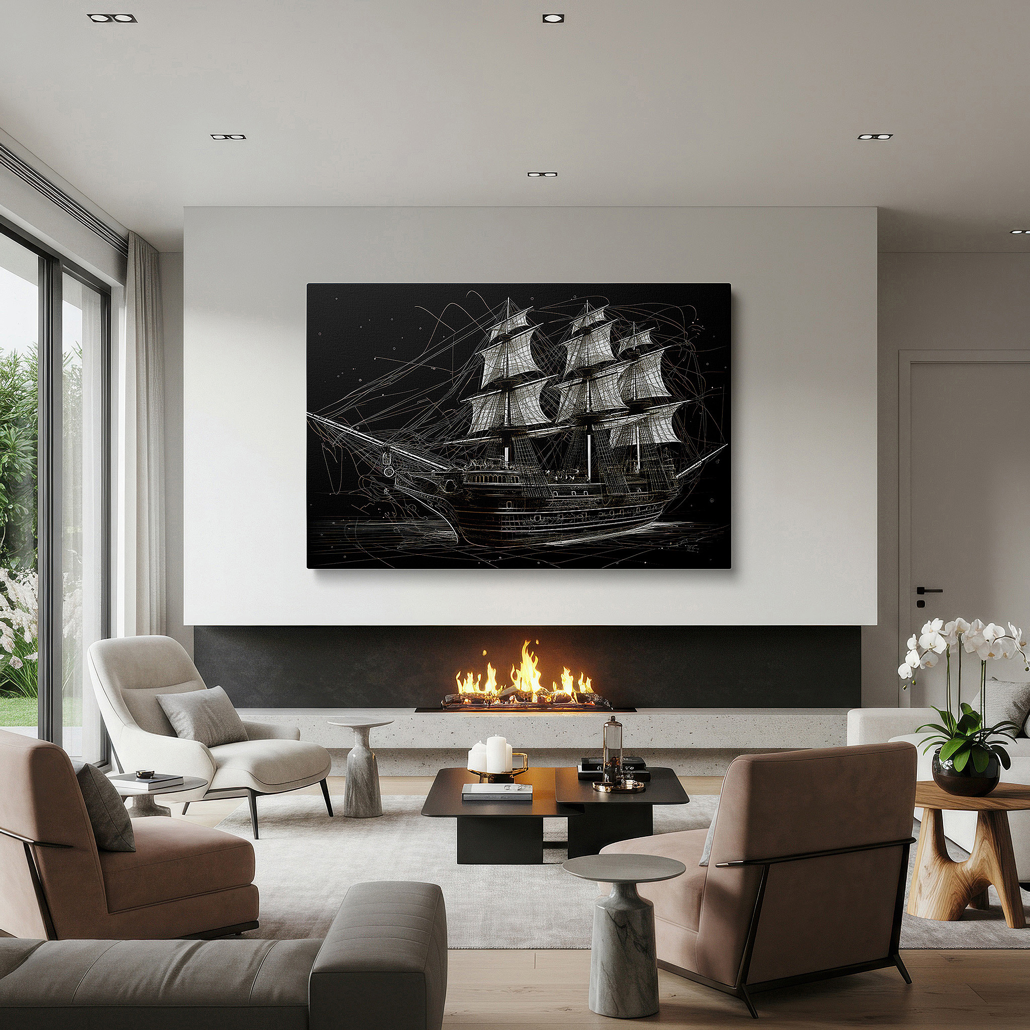 Available in 30×20 cm — a subtle addition to small personal spaces — maritime masterpiece wall art: wireframe ship design showcasing architectural elegance - ideal for office, bedroom, and home decor