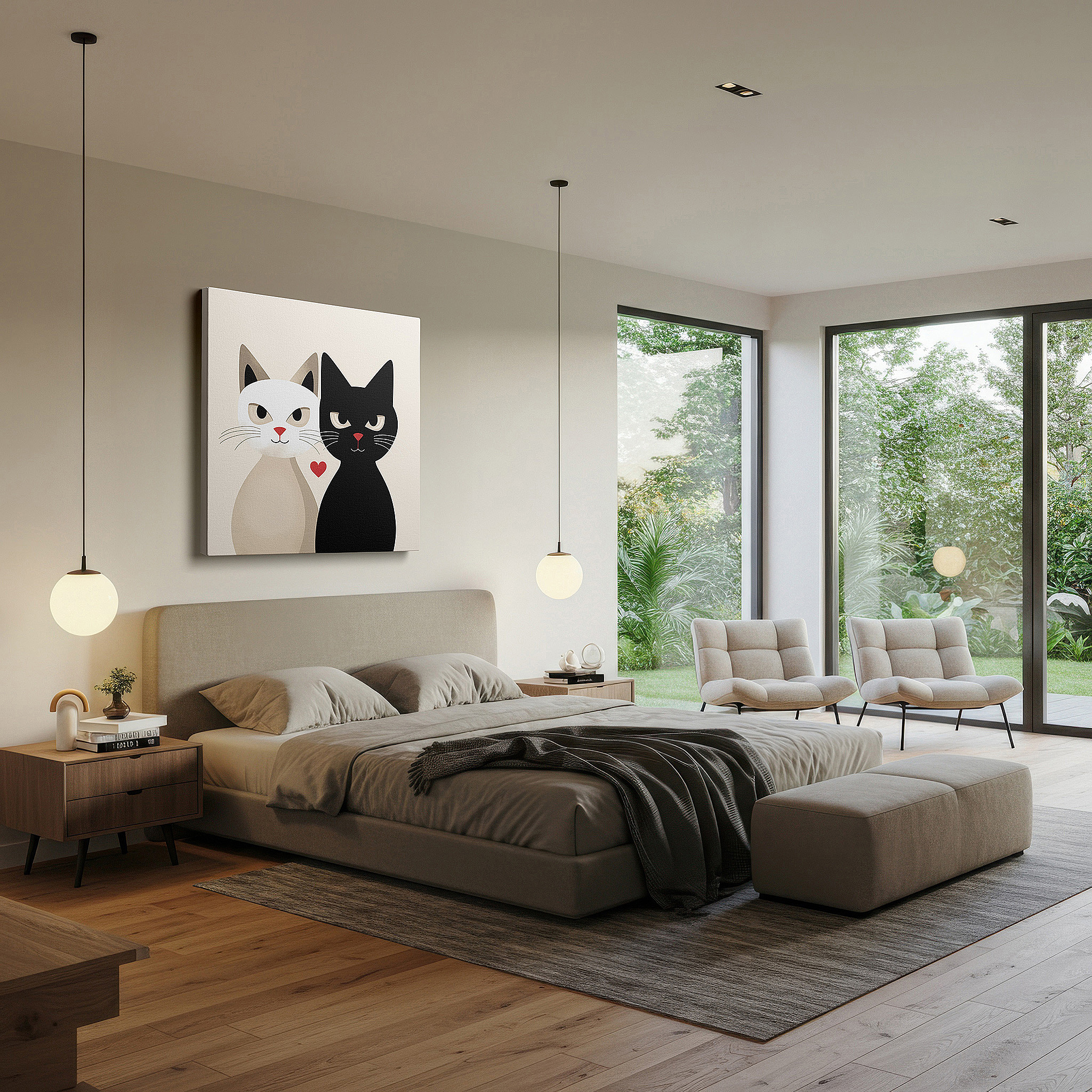 Available in 30×20 cm — a subtle addition to small personal spaces — minimalist cat companionship large wall art: harmonious blend of contrasts, ideal for office, bedroom, and living room decor