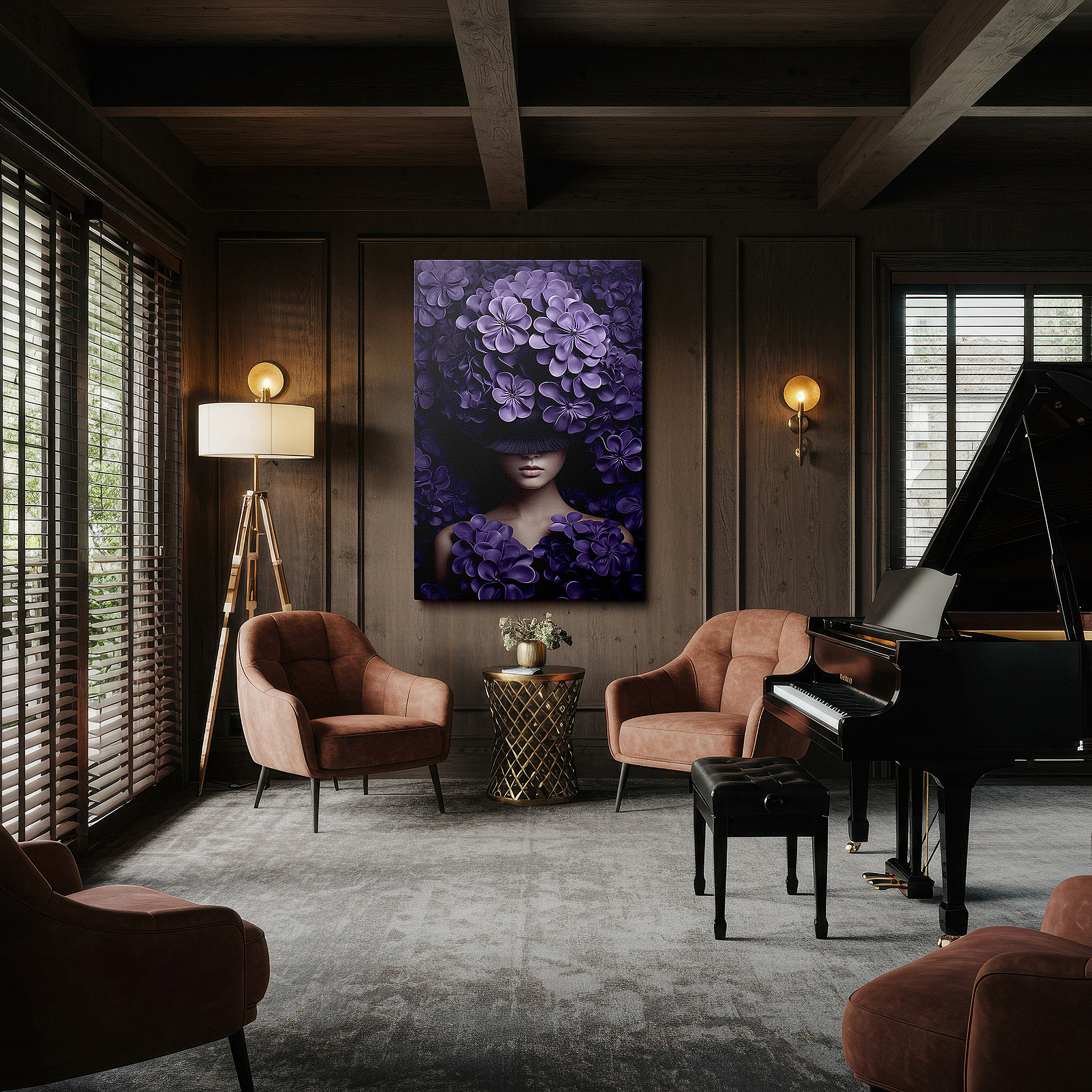 Available in 30×20 cm — a subtle addition to small personal spaces — mysterious portrait of a woman shrouded in rich purple flowers, exploring nature and identity, large wall art, canvas wall art, wall decor for office