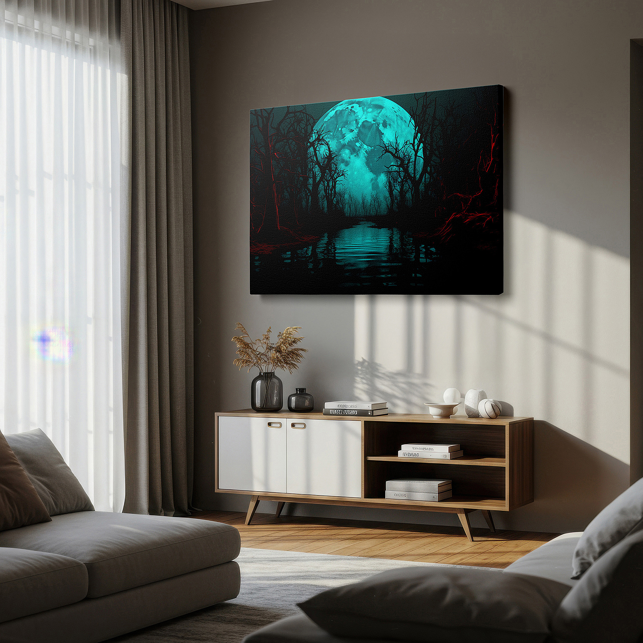 Available in 30×20 cm — a subtle addition to small personal spaces — mystical blue moonlight over dark forest wall art: ethereal gateway large canvas, ideal for office and bedroom decor