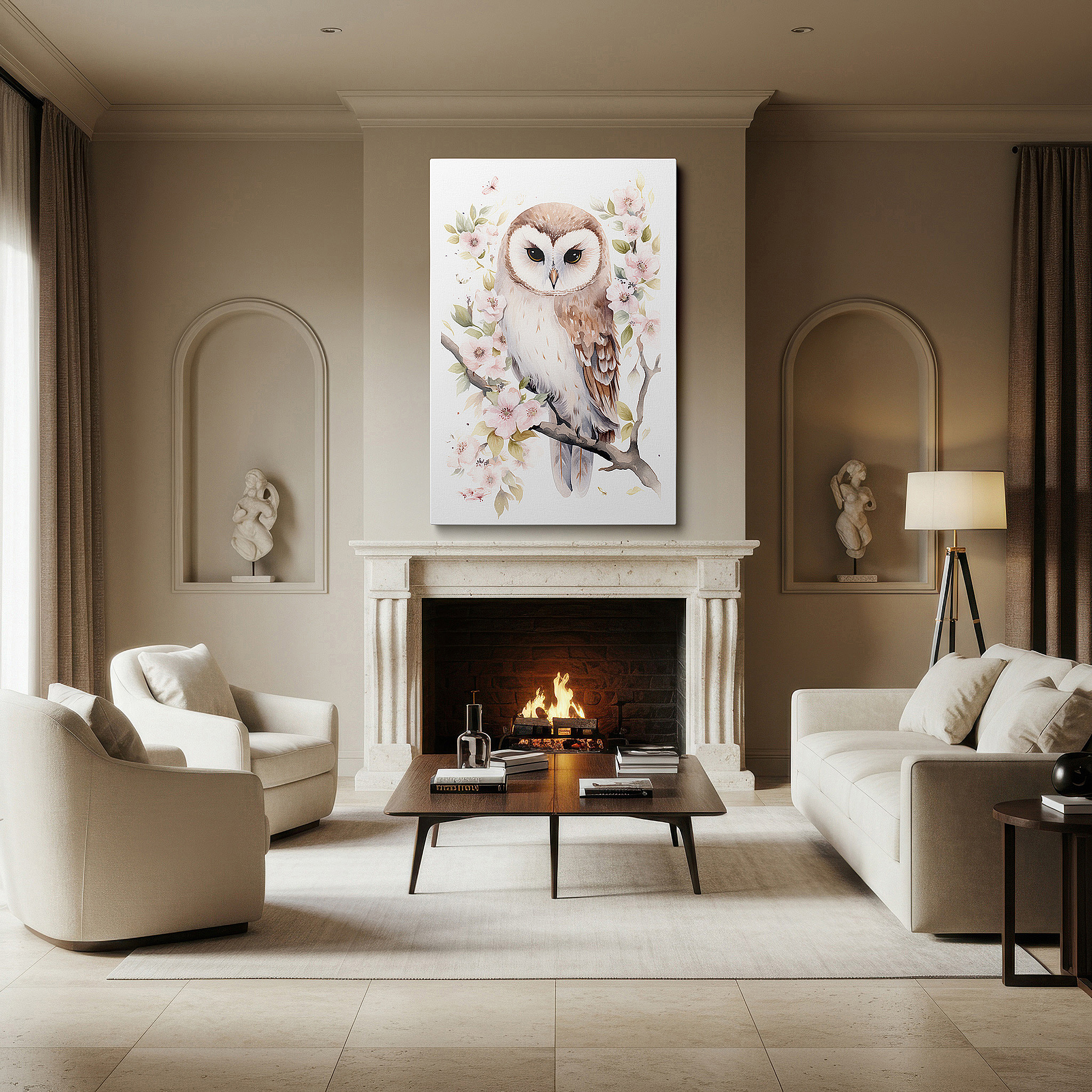 Available in 30×20 cm — a subtle addition to small personal spaces — owl's serene wisdom amid ethereal flowers: a harmonious display of nature's delicate balance - large canvas wall art