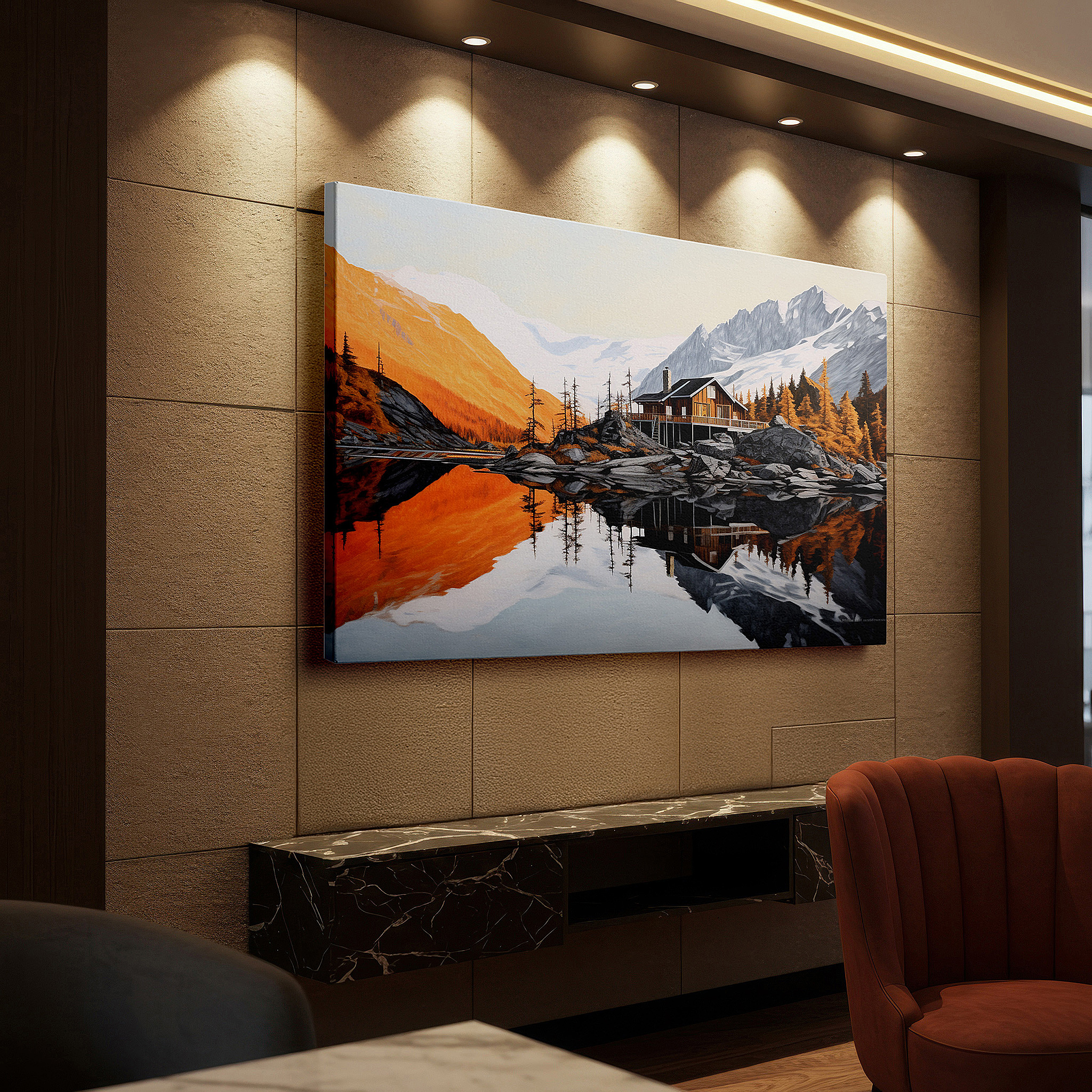 Available in 30×20 cm — a subtle addition to small personal spaces — rustic cabin canvas print featuring serene lake and majestic mountains - ideal for office and bedroom wall decor