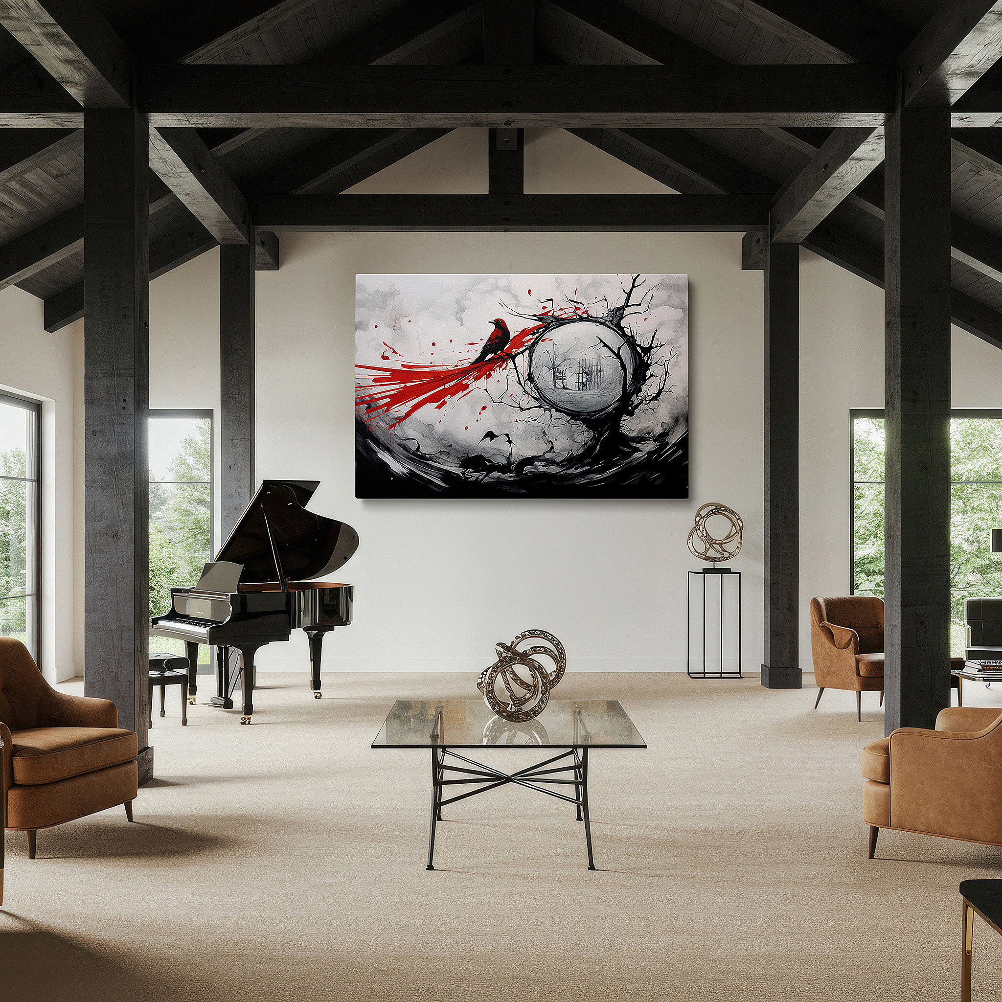 Available in 30×20 cm — a subtle addition to small personal spaces — the scarlet bird on a twisted black tree: a symbol of resilience and beauty amid surreal swirling clouds, large canvas wall art