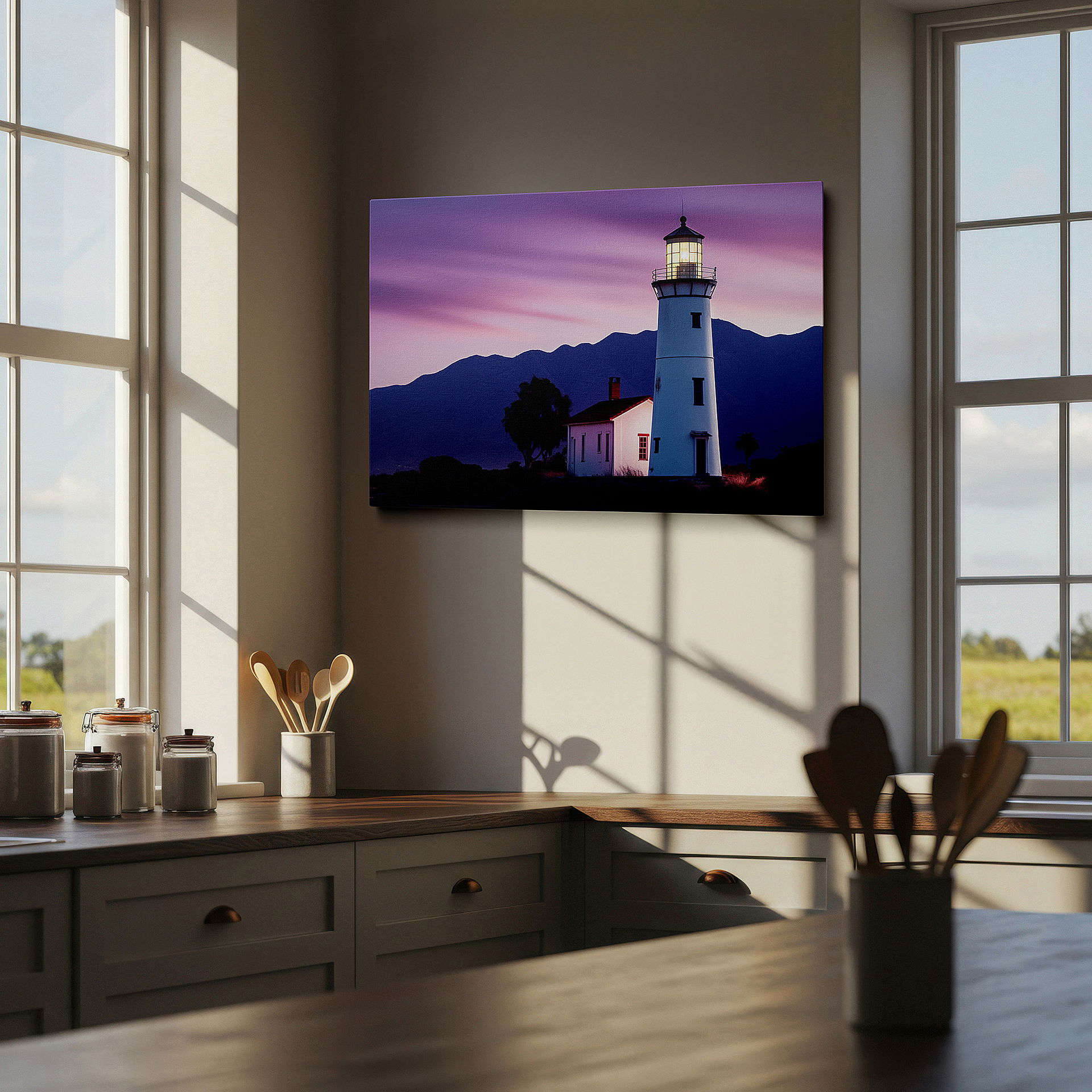 Available in 30×20 cm — a subtle addition to small personal spaces — serene coastal lighthouse at dusk - majestic cliffs and sunset colors large wall art, canvas wall decor, office wall art