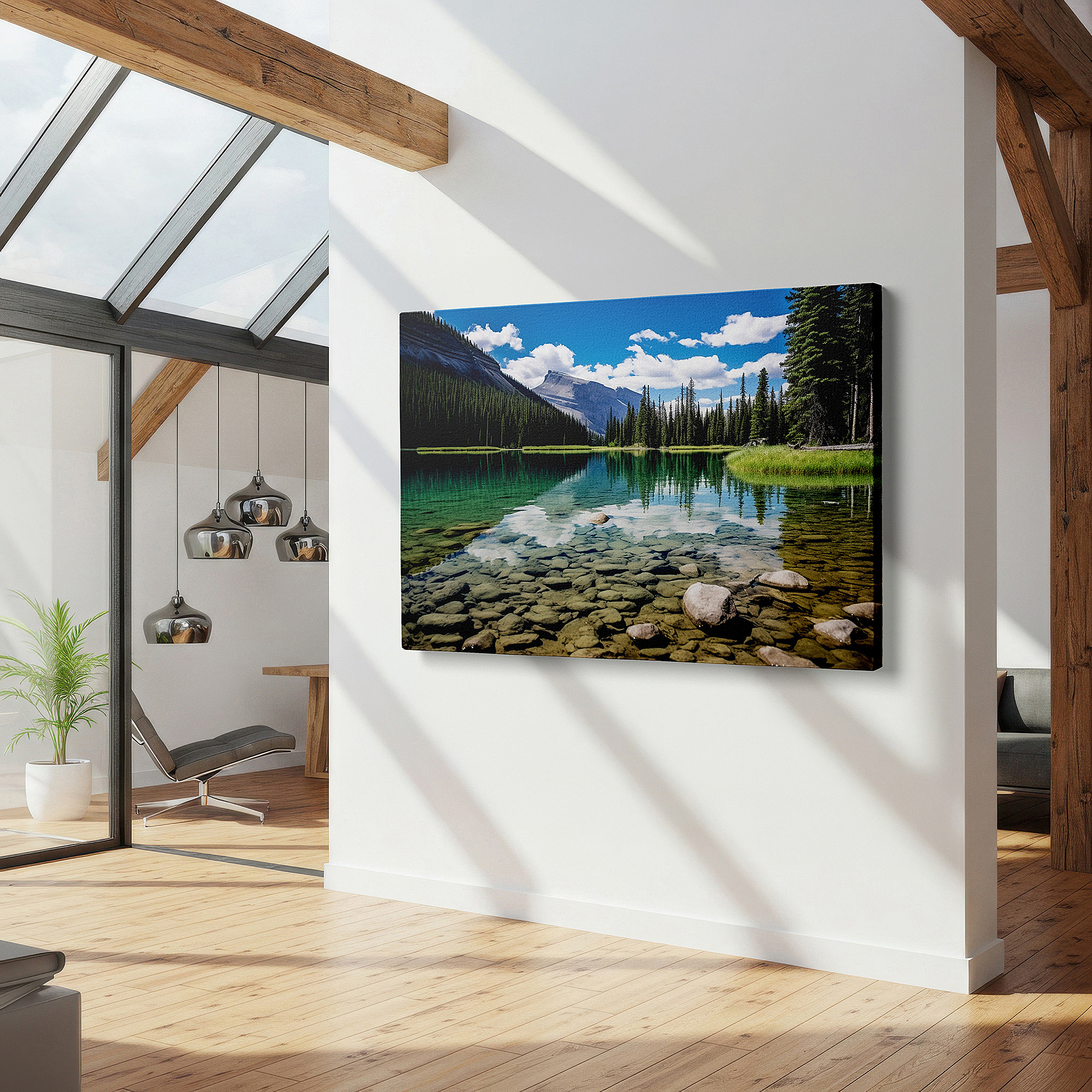 Available in 30×20 cm — a subtle addition to small personal spaces — serene escape: crystal-clear lake with lush forests and rocky shores - large wall art, canvas wall art, wall decor for office and bedroom