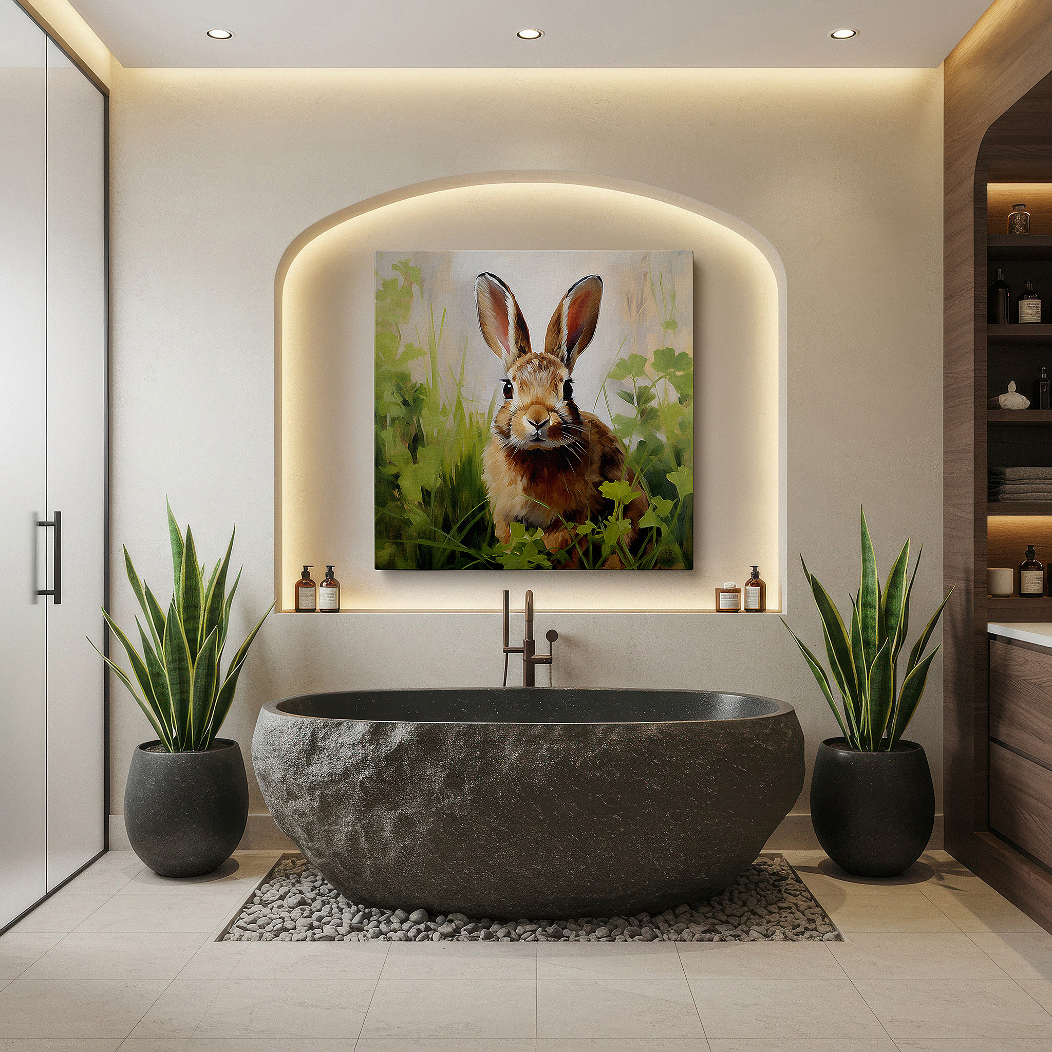 Available in 30×20 cm — a subtle addition to small personal spaces — serene rabbit in lush greenery: a vivid glimpse into the peaceful world of wildlife - large canvas wall art for home and office decor